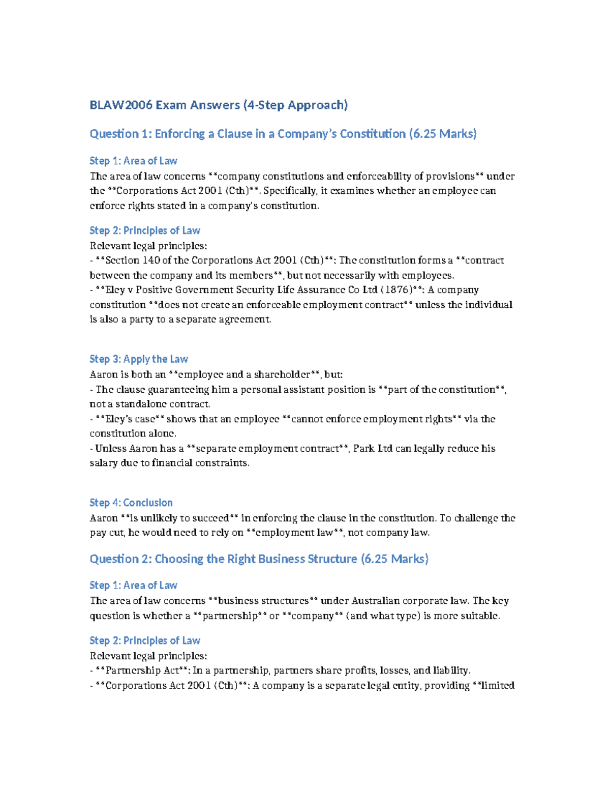 BLAW2006 Final Exam Answers: Understanding Company Law Principles - Studocu
