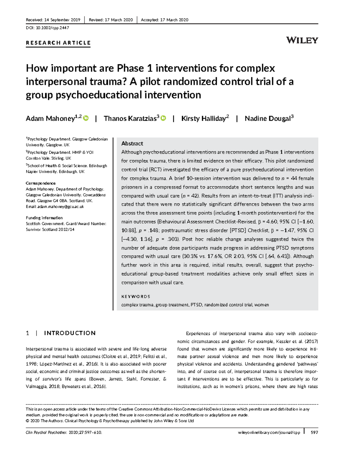 Phase 1 Interventions for Complex Interpersonal Trauma: A Pilot RCT ...