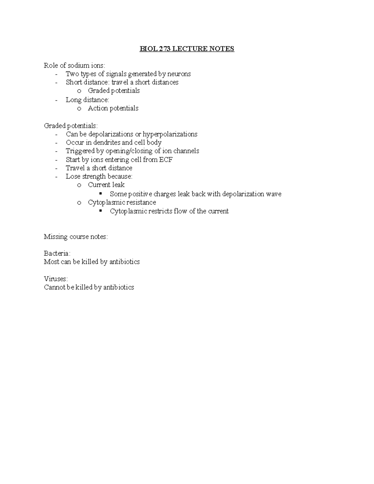 BIOL 273 Lecture Notes - BIOL 273 LECTURE NOTES Role of sodium ions ...