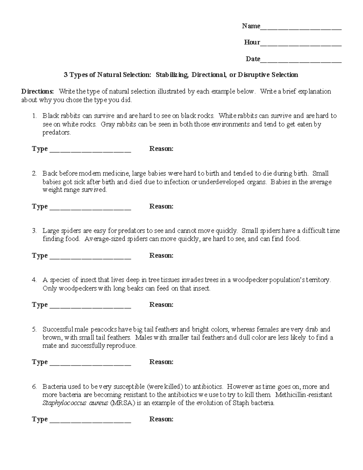 3 Types of Natural Selection Worksheet: Stabilizing, Directional ...