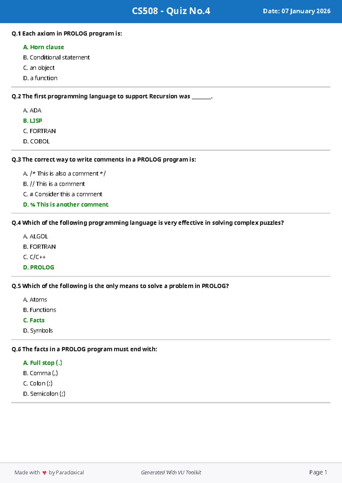CS508 Quiz No.4 - PROLOG Programming Concepts and Questions - Studocu