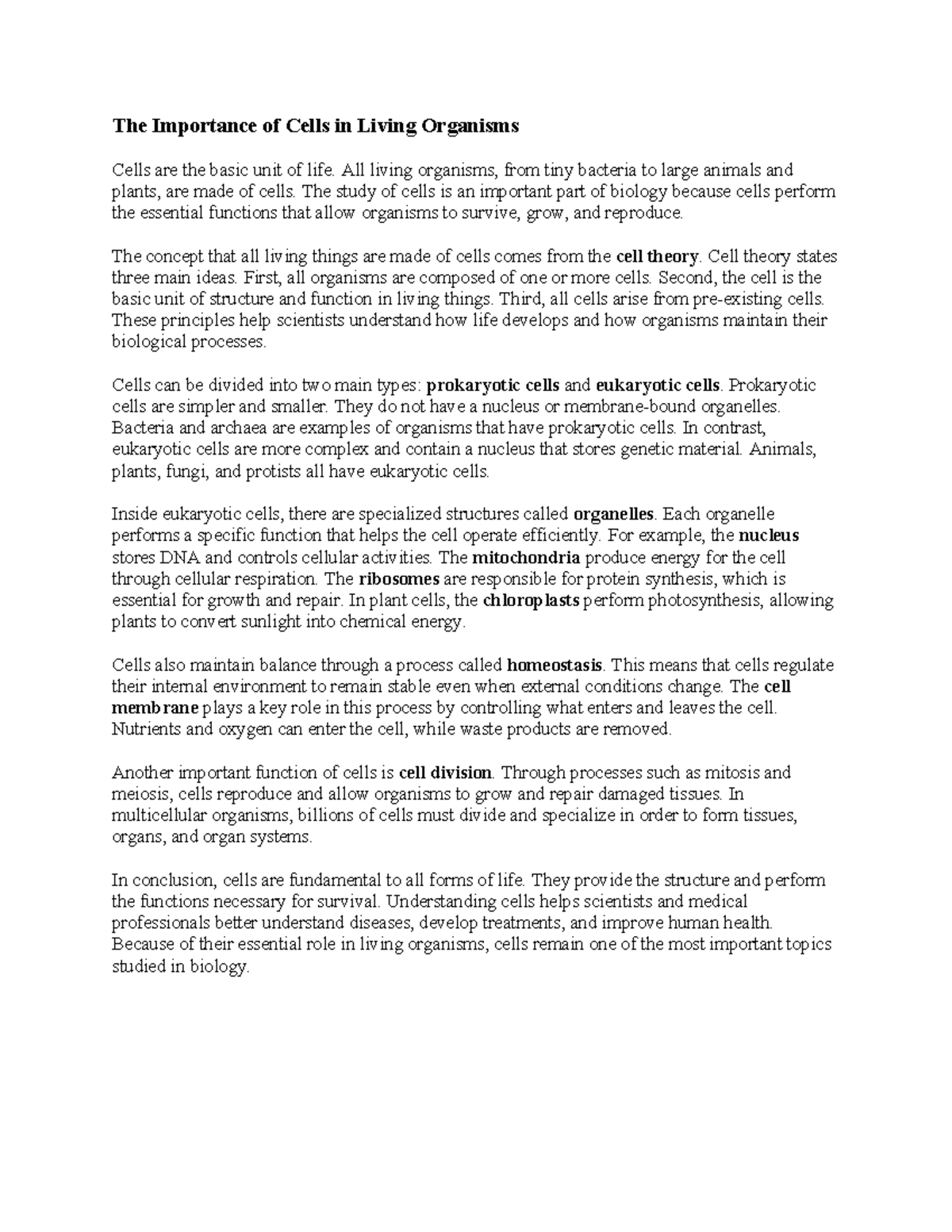 Bio102 - The Essential Role of Cells in Living Organisms - Studocu