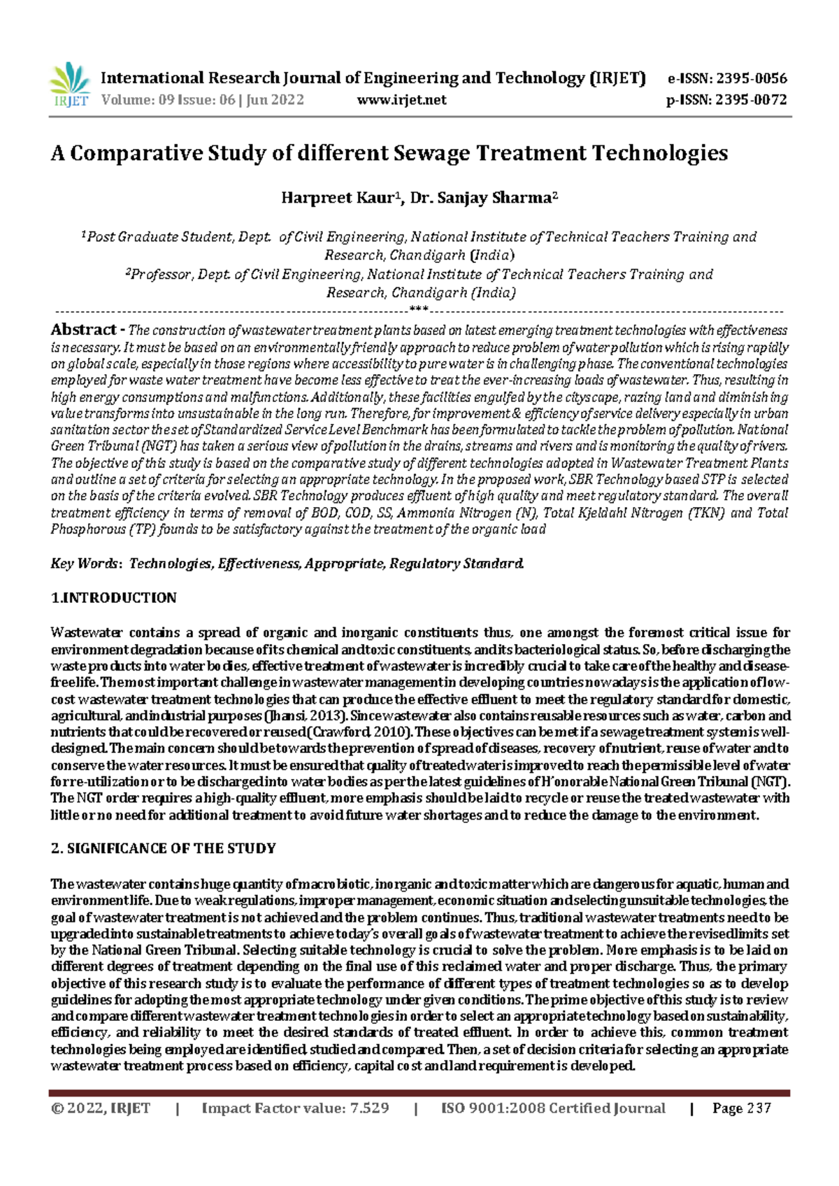 A Comparative Study of different Sewage Treatment Technologies - Volume ...