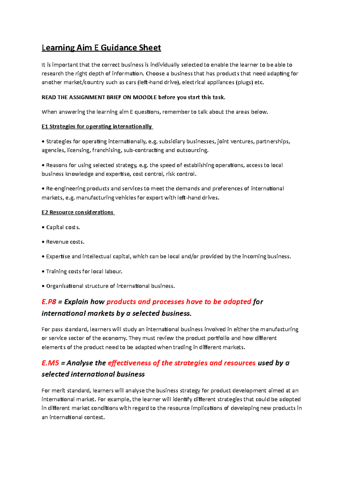 Learning Aim E Guidance Sheet - Choose a business that has products ...