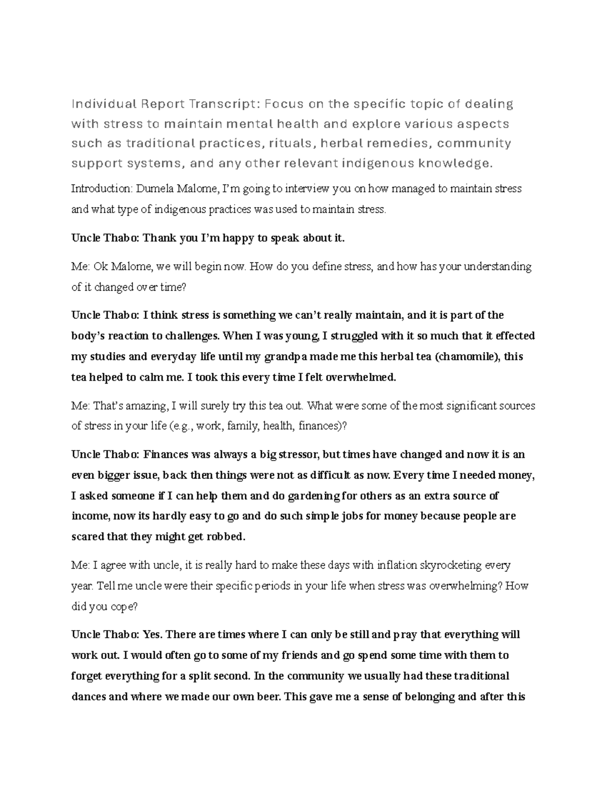 Transcript: Individual Report on Stress Management Practices - Studocu
