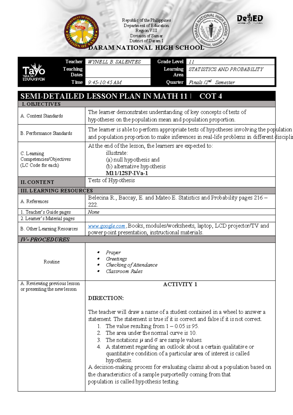 COT 4: Lesson Plan on Hypothesis Testing in Statistics & Probability ...