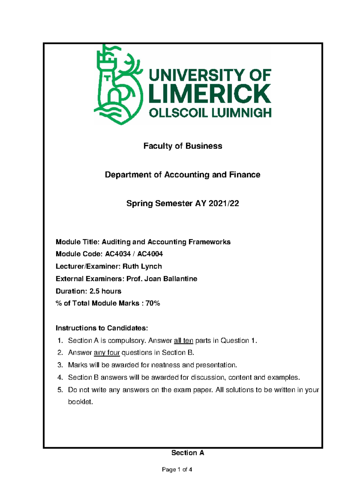 AC4034 - Final Exam on Auditing and Accounting Frameworks - Studocu