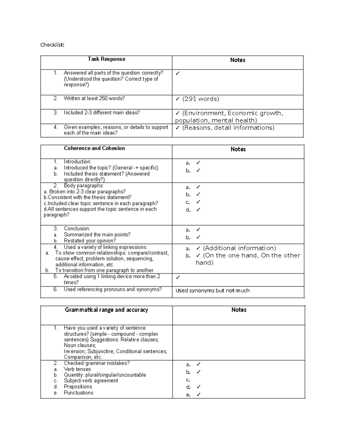 Checklist: IELTS Task Response and Coherence Notes - Studocu