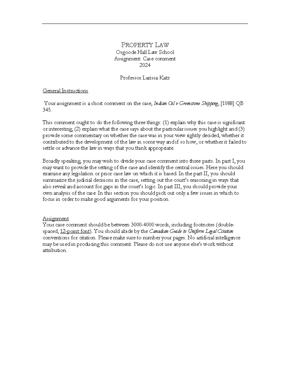 Property law case comment assignment 2024: Indian Oil v Greenstone ...