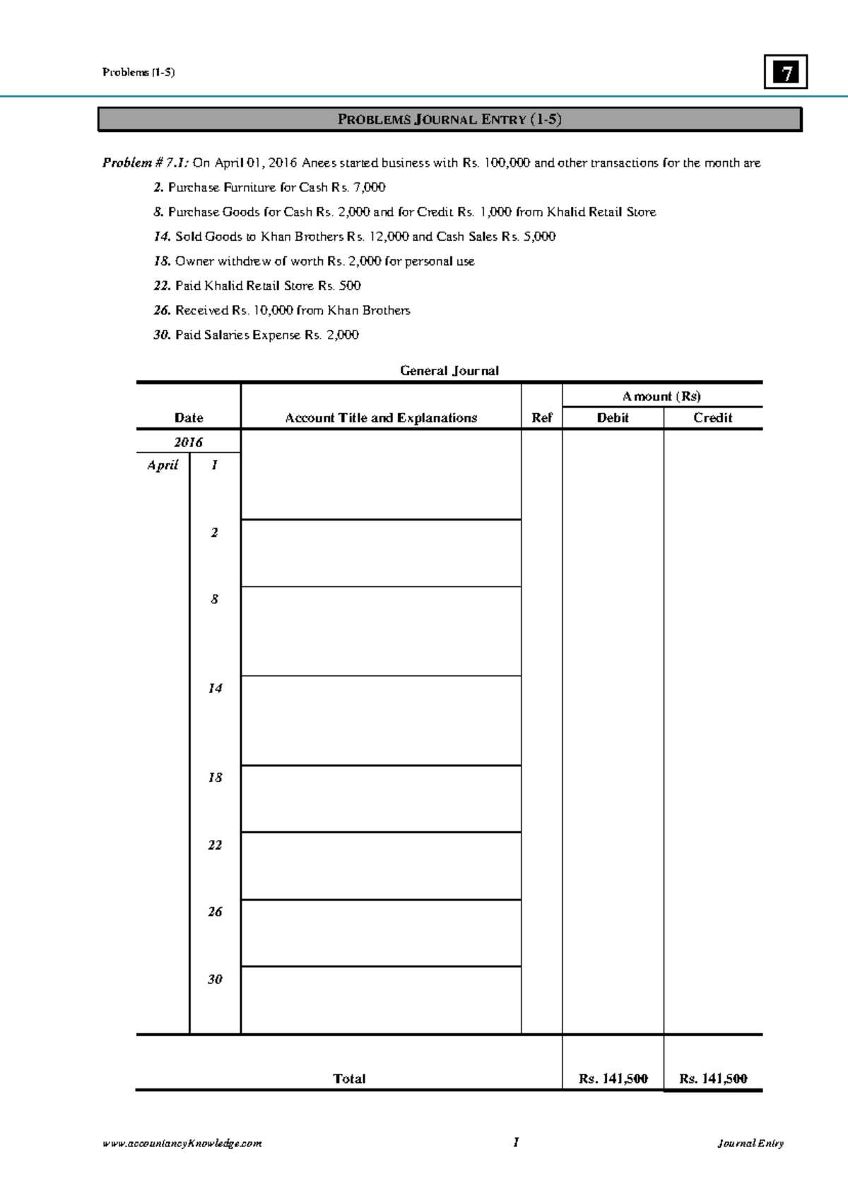 Problems Journal Entry 1 5 Unsolved - 7 PROBLEMS JOURNAL ENTRY (1-5 ...