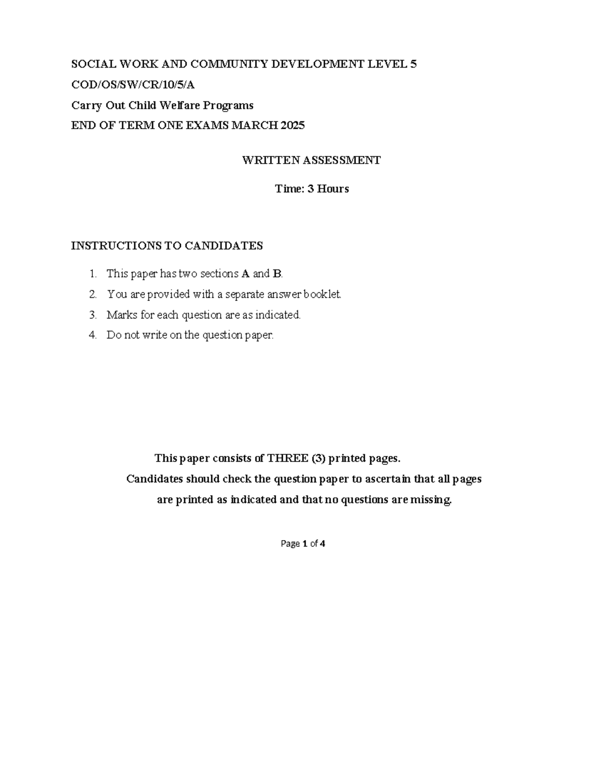 Child Welfare Programs Level 5 - End of Term One Exam March 2025 - Studocu