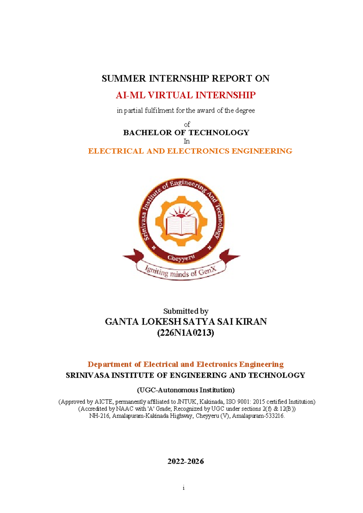 B.Tech EEE Summer Internship Report - Ganta Lokesh (226N1A0213) - Studocu