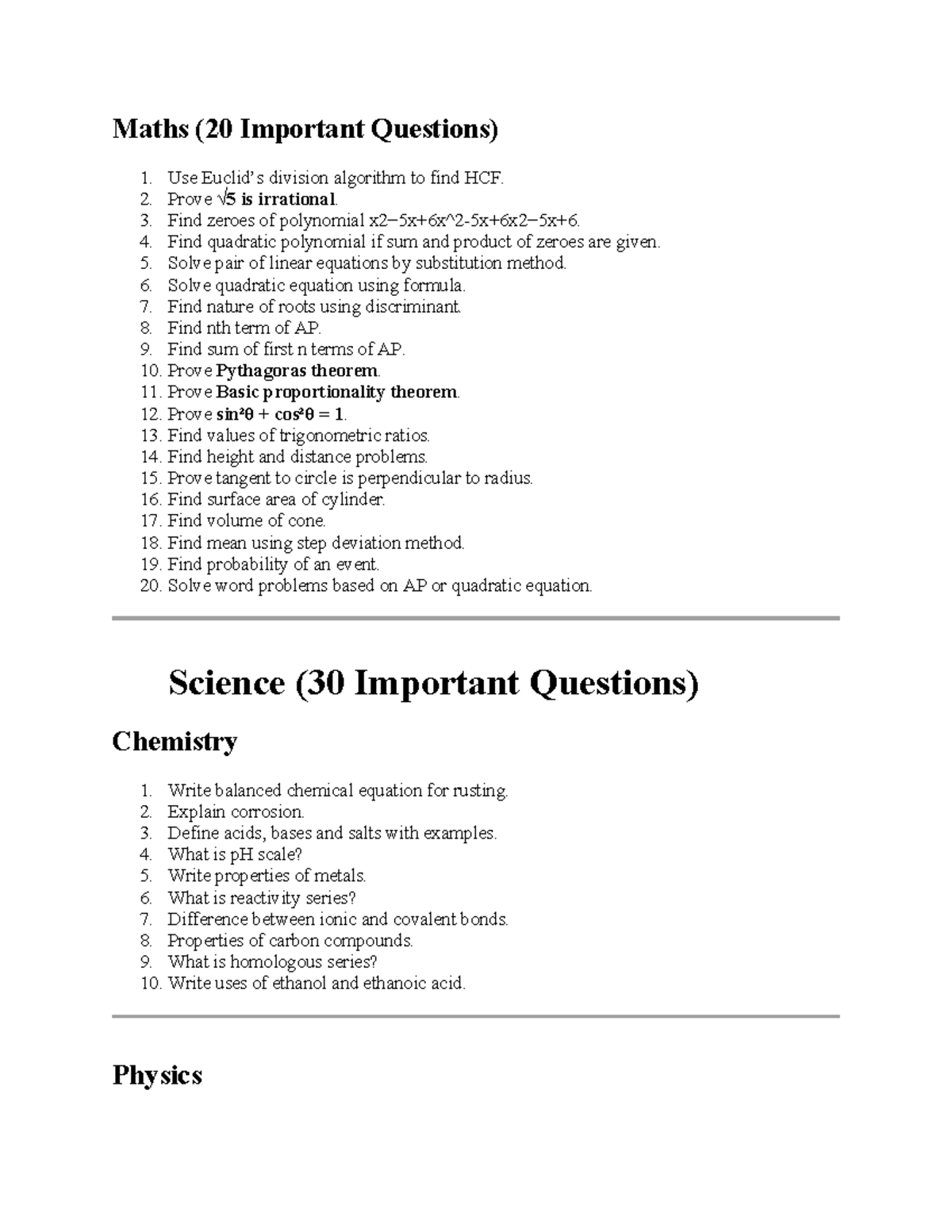 Maths (20 Important Questions) - Key Concepts and Problems - Studocu