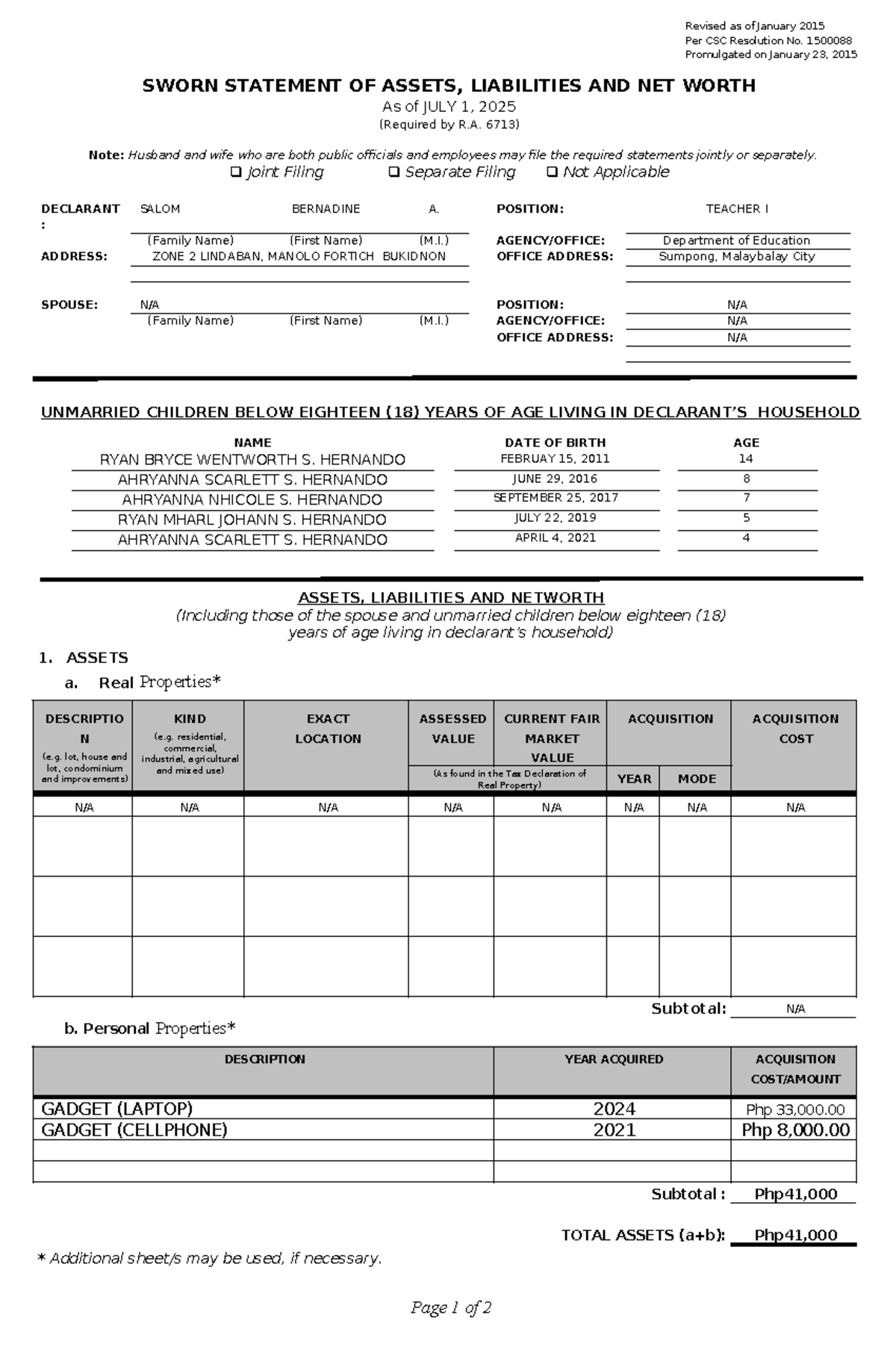 SALN Form Rev2015: Sworn Statement of Assets & Liabilities - Studocu