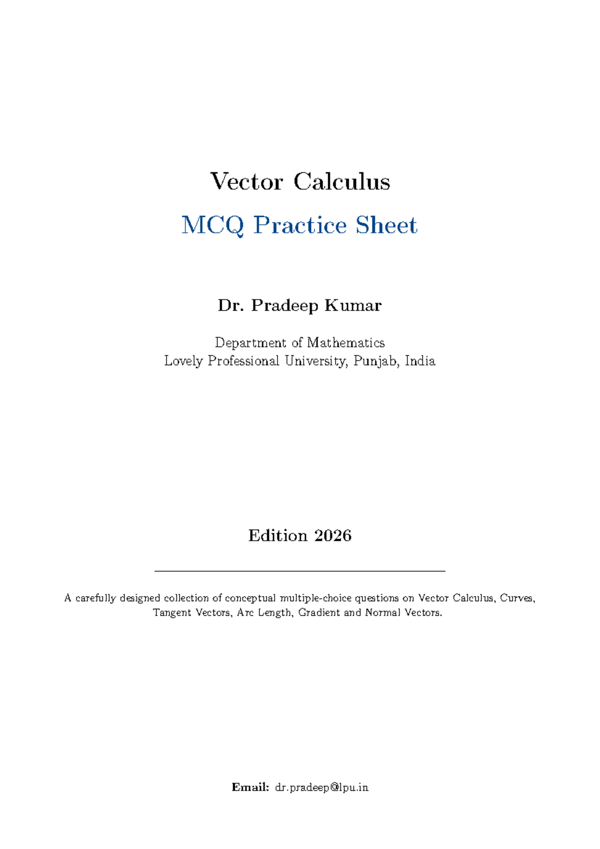 Vector Calculus MCQ Practice Sheet MTH 166 - Edition 2026 - Studocu