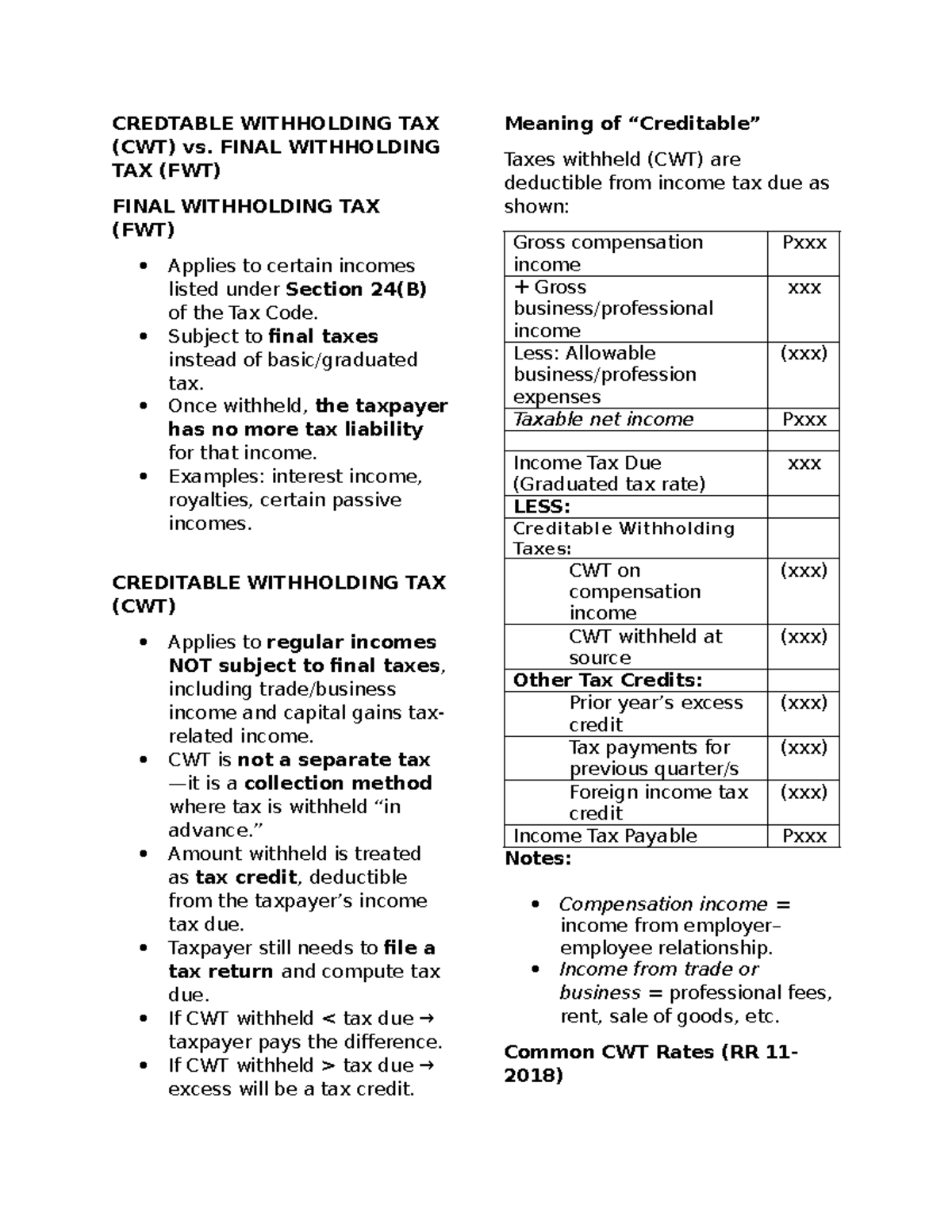 CWT vs. FWT: Key Tax Concepts and Filing Guidelines - Studocu