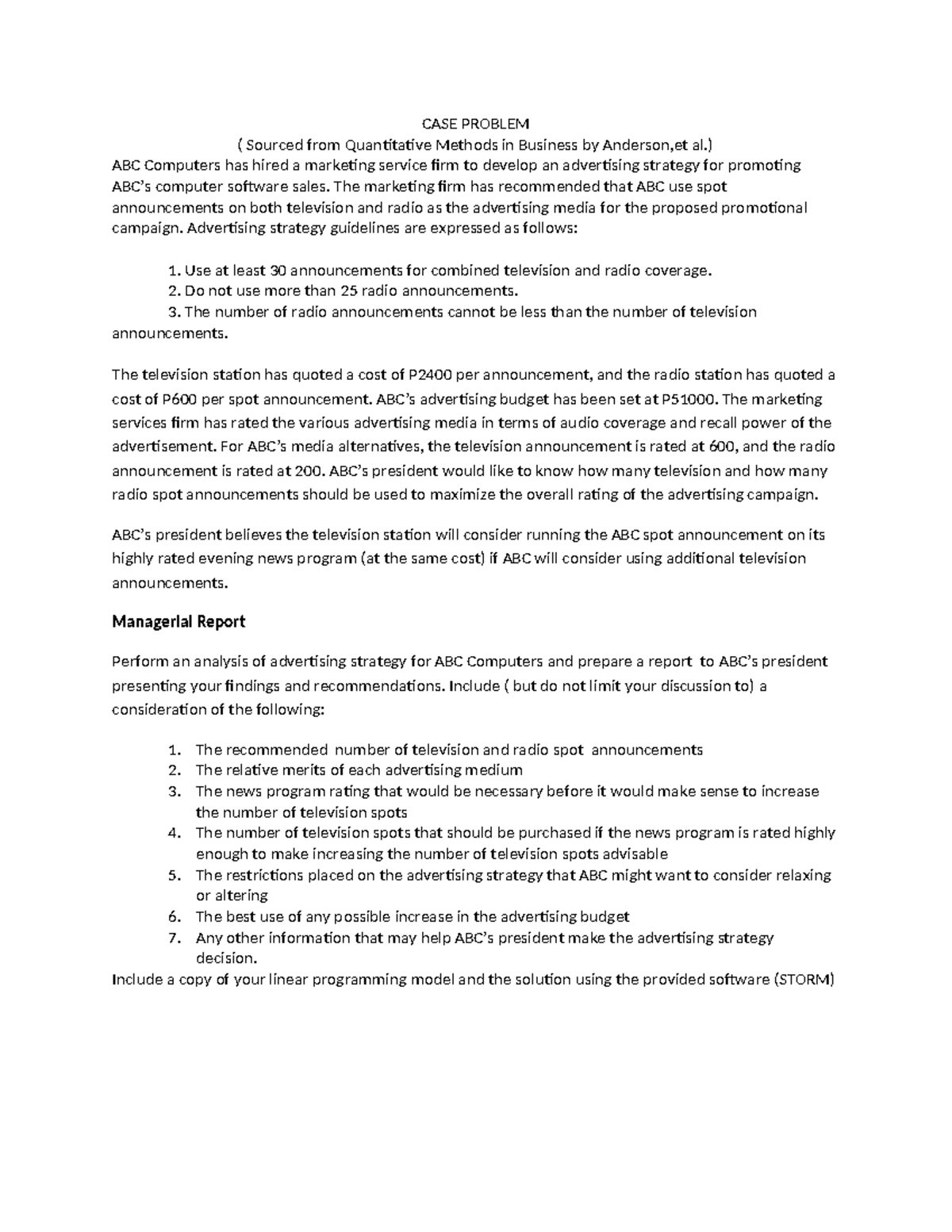 CASE STUDY: Advertising Strategy Analysis for ABC Computers (QM 101 ...