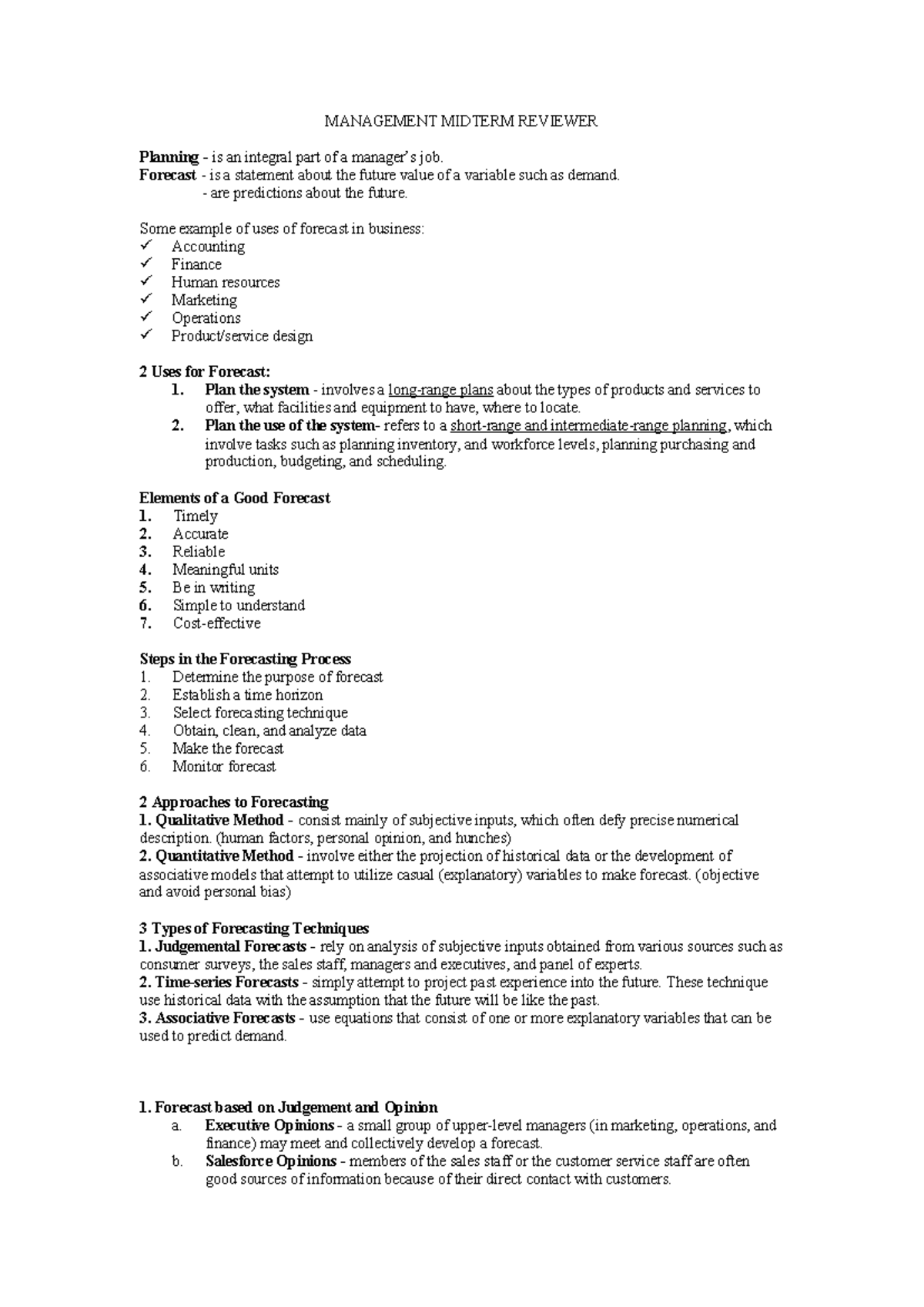 MANAGEMENT 101 MIDTERM REVIEWER: Forecasting Techniques and Planning ...