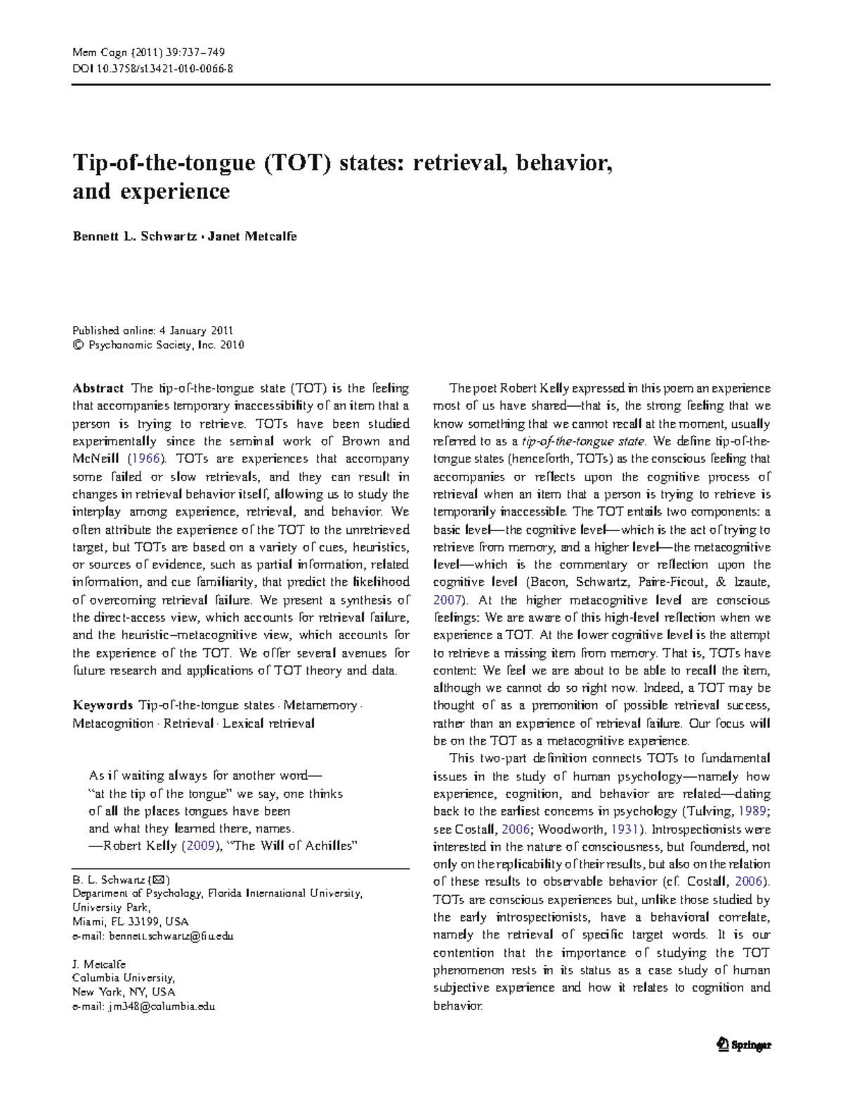 Understanding Tip-of-the-Tongue (TOT) States: Cognition & Metacognition ...