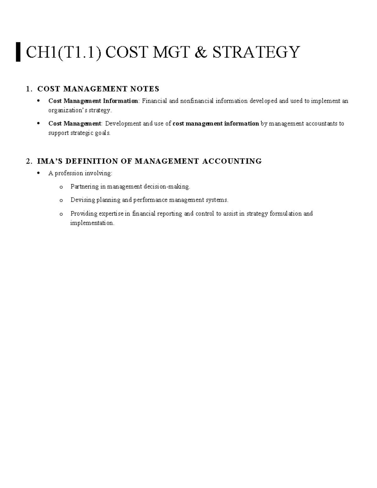 T1-4 Cost Management Strategy Summary Notes - Studocu