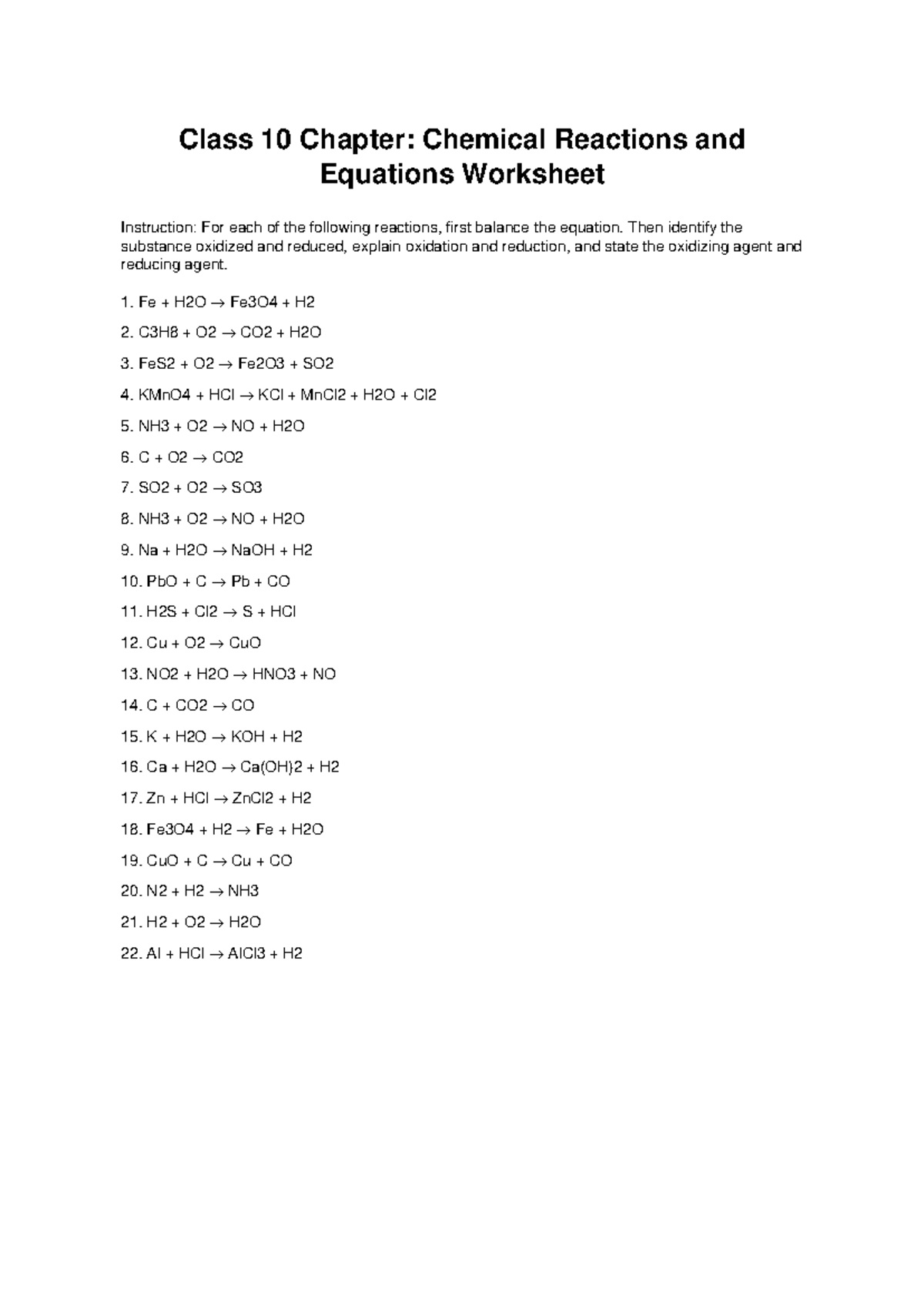 Class 10 WS: Chemical Reactions & Equations Worksheet - Studocu