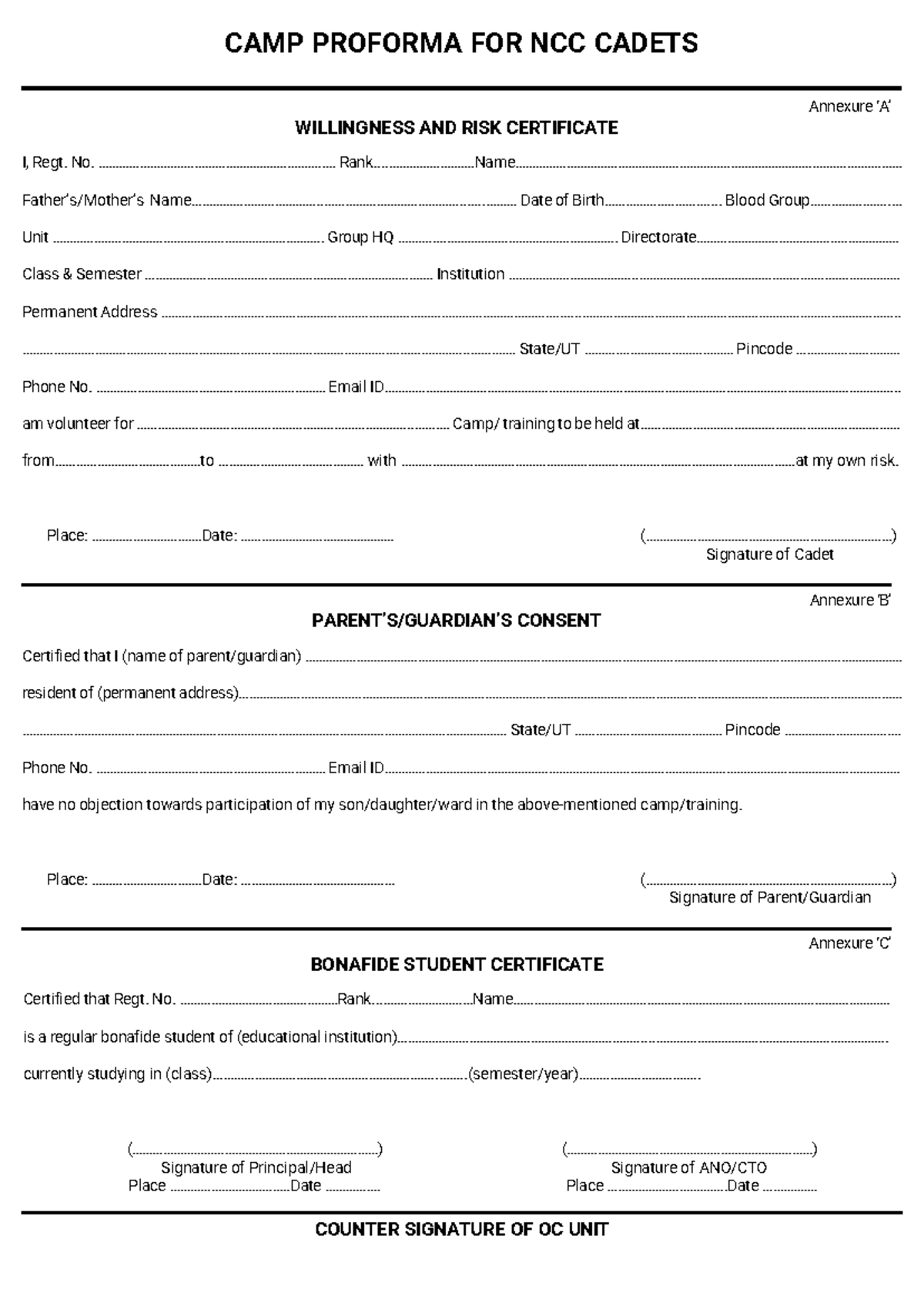 CAMP PROFORMA FOR NCC CADETS: WILLINGNESS & RISK CERTIFICATE - Studocu