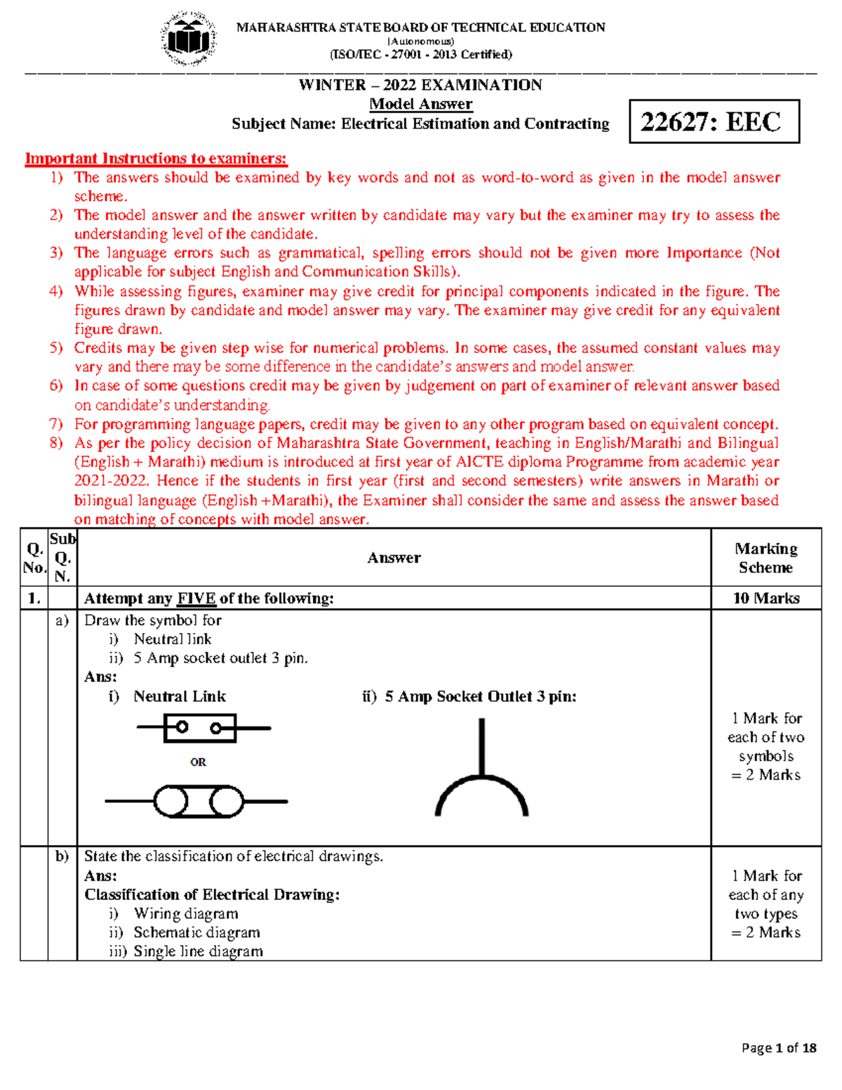 Model Answer for Electrical Estimation and Contracting 22627: Winter ...