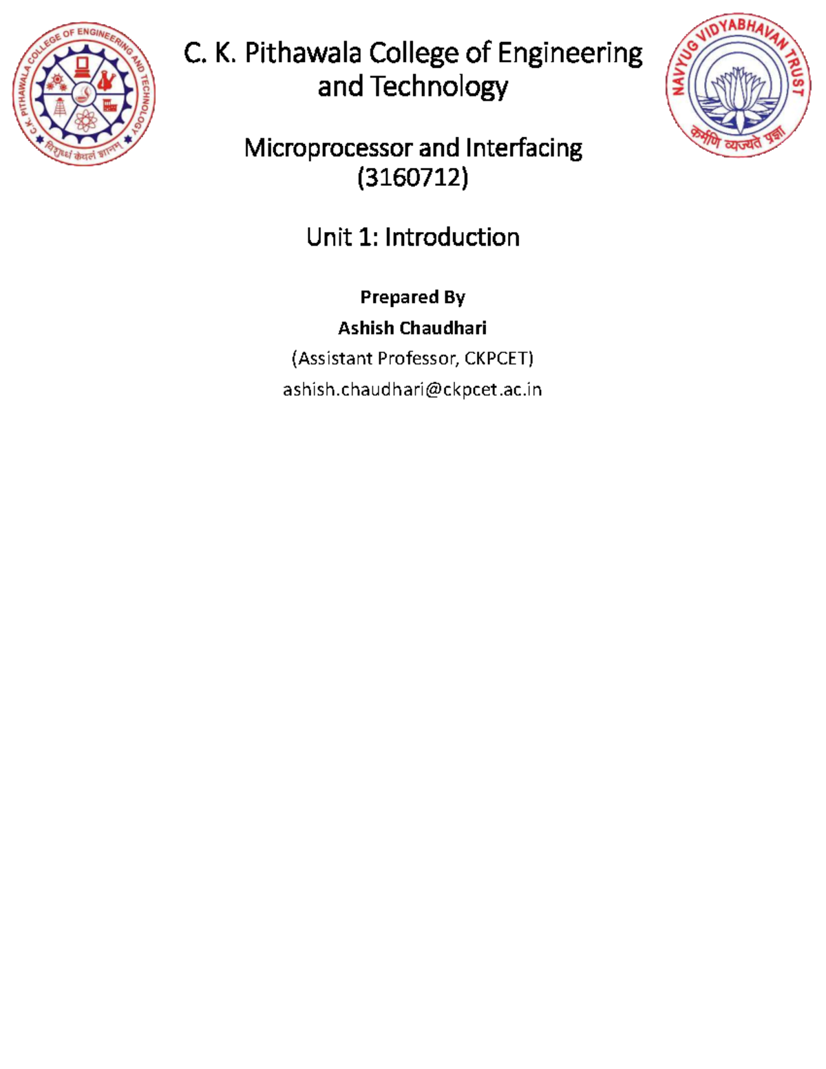 Microprocessor and Interfacing (3160712) Unit 1: Introduction Overview ...