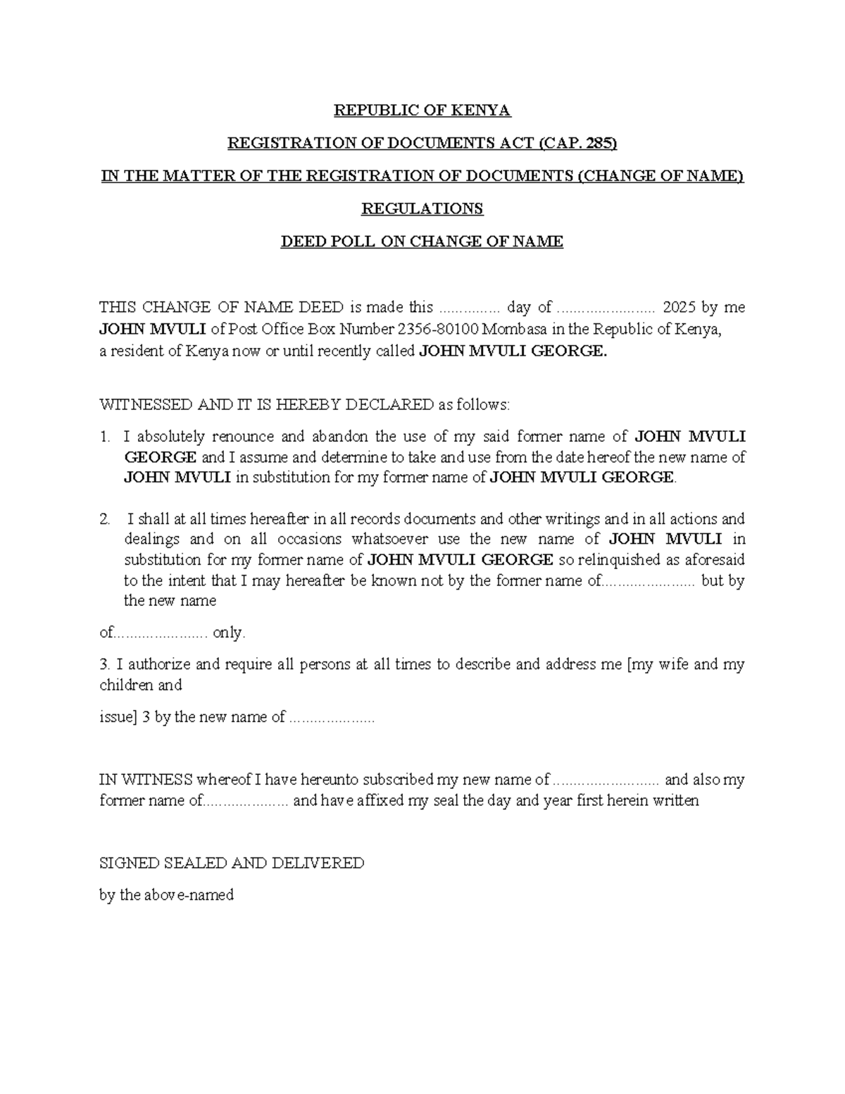 DEED POLL TEMPLATE - Legal Writing and Drafting, Course Code: LW101 ...