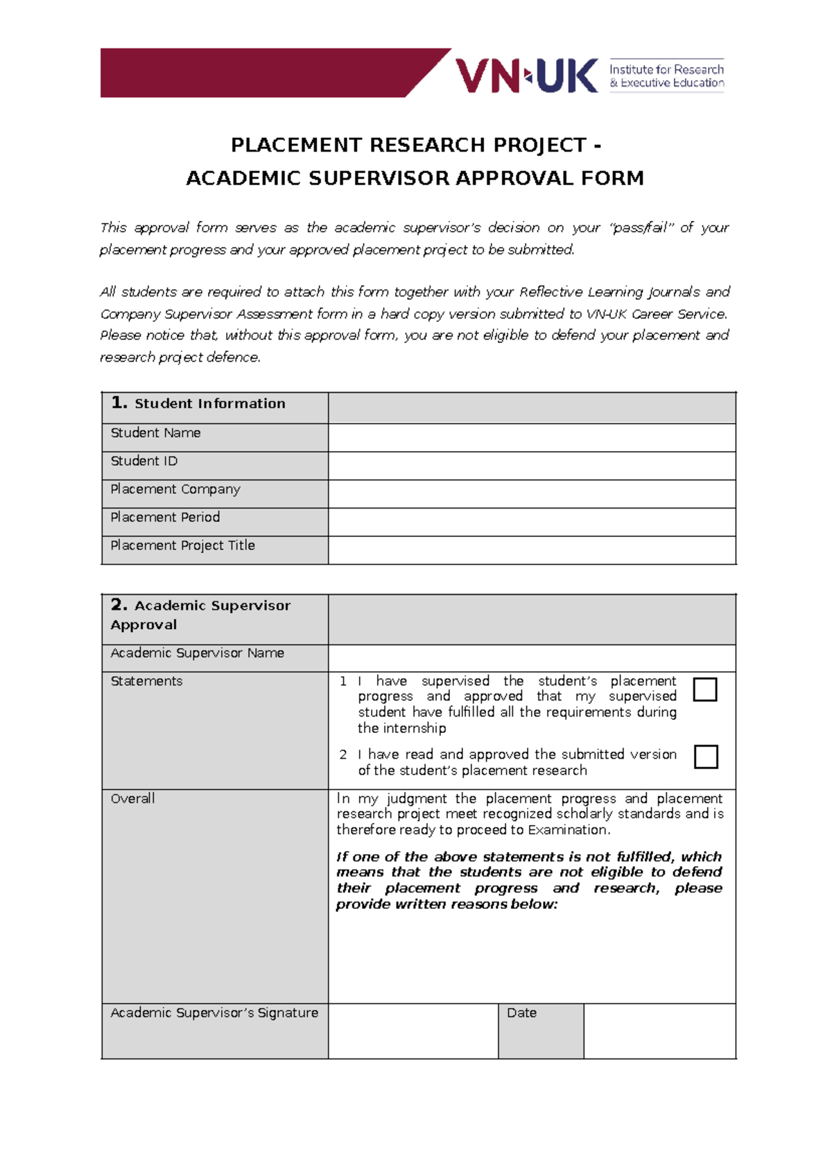 Academic Supervisor Approval FORM - PLACEMENT RESEARCH PROJECT ...