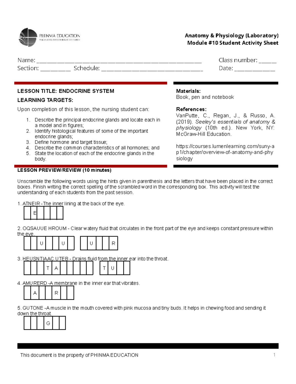 SAS 10 Anatomy: Endocrine System Lesson Activity Sheet - Studocu