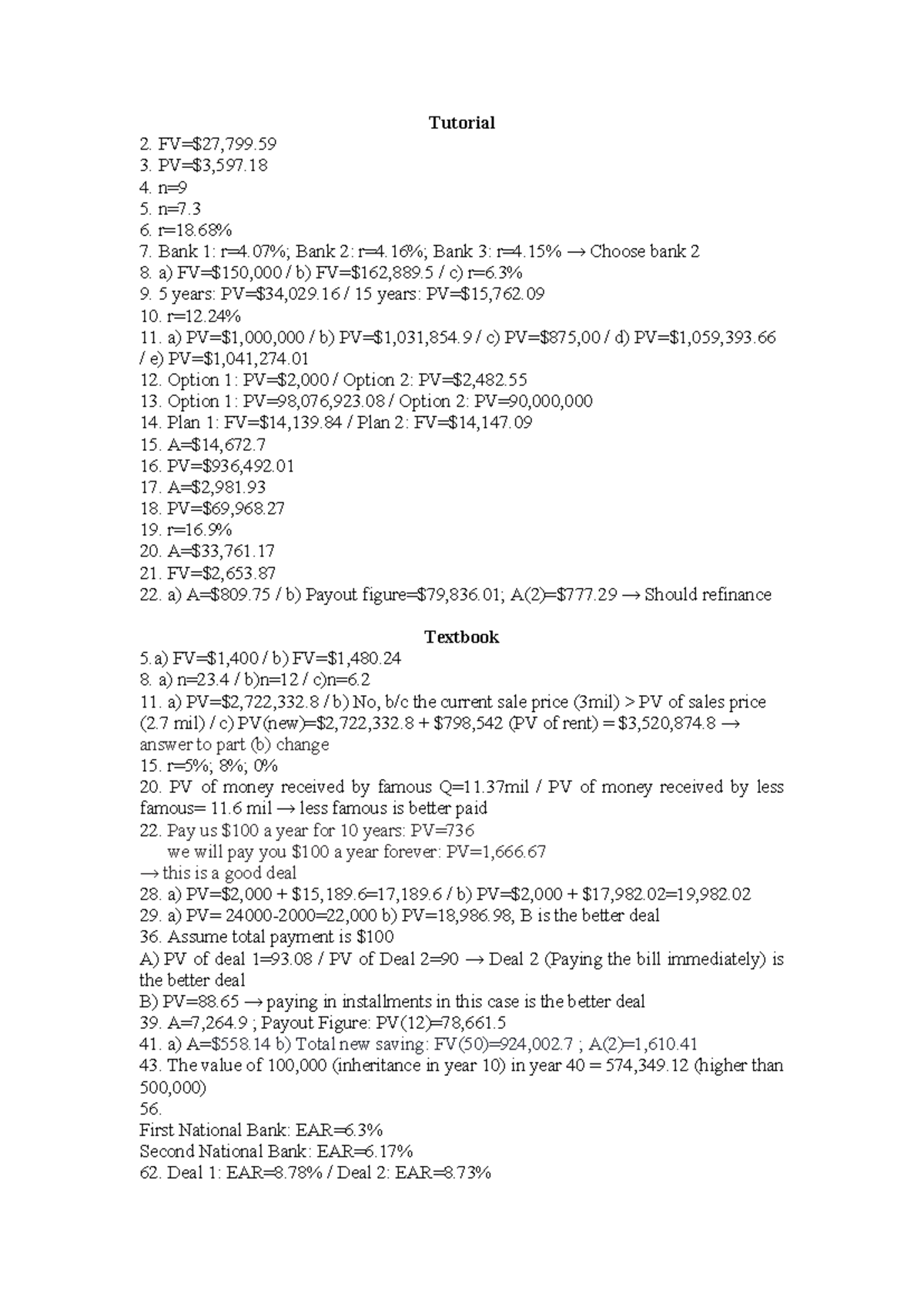 TVM - Key handout + textbook - Tutorial 2. FV=$27,799. 3. PV=$3,597. 4 ...