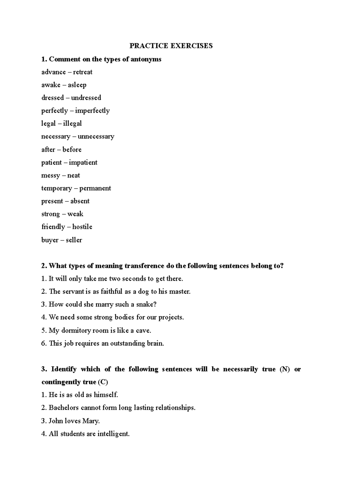 Semantic practice exercises: Antonyms, meaning transference, and truth ...