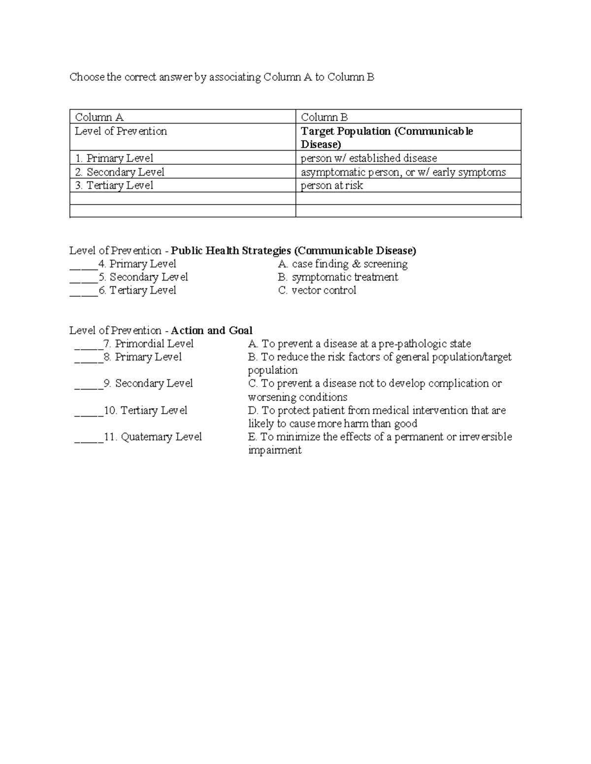 Quiz on Levels of Prevention: Column A & B Matching - Studocu