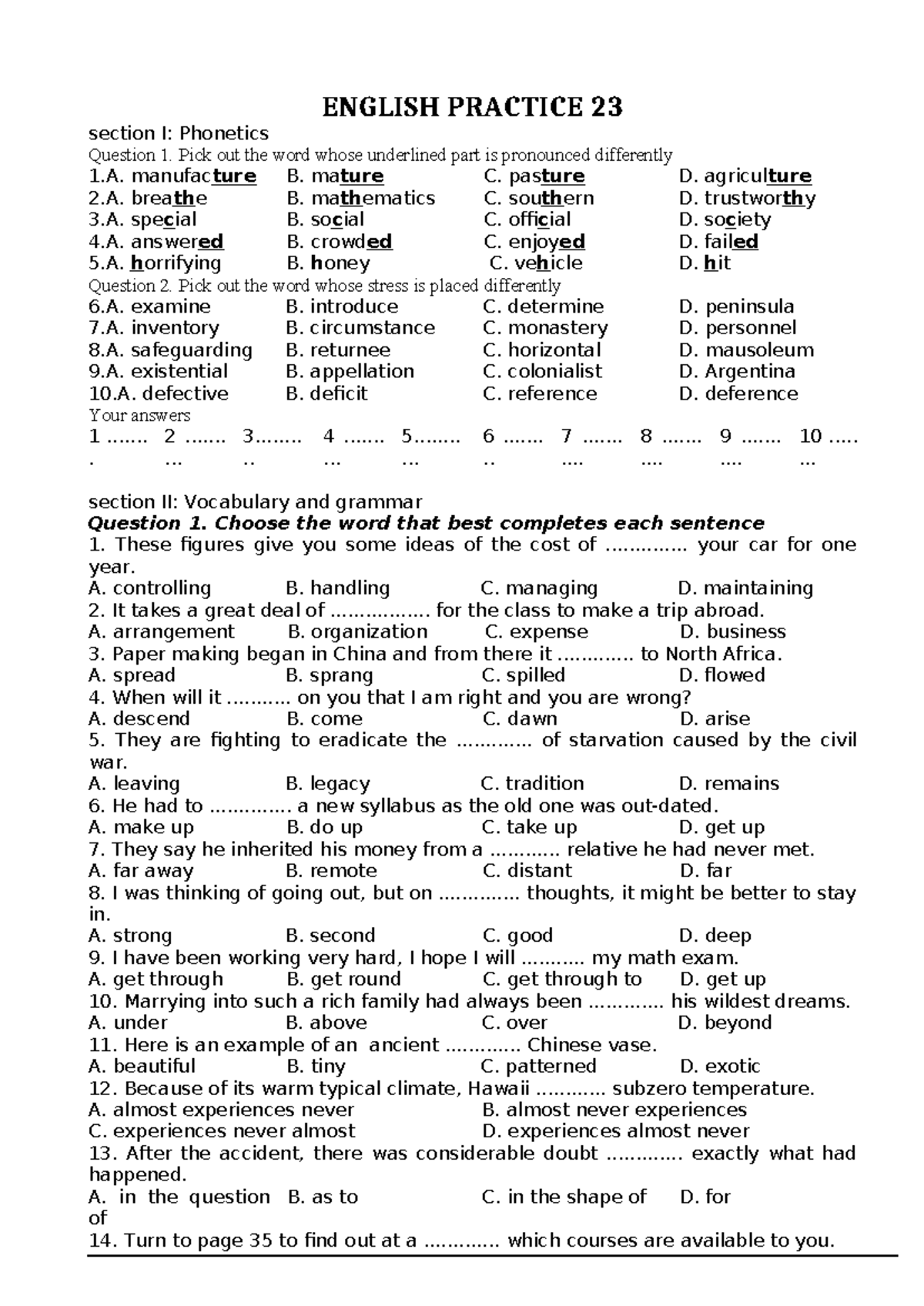 Thi Vào 10 Chuyên Anh Đề 23 - English Practice Test 23 - Studocu