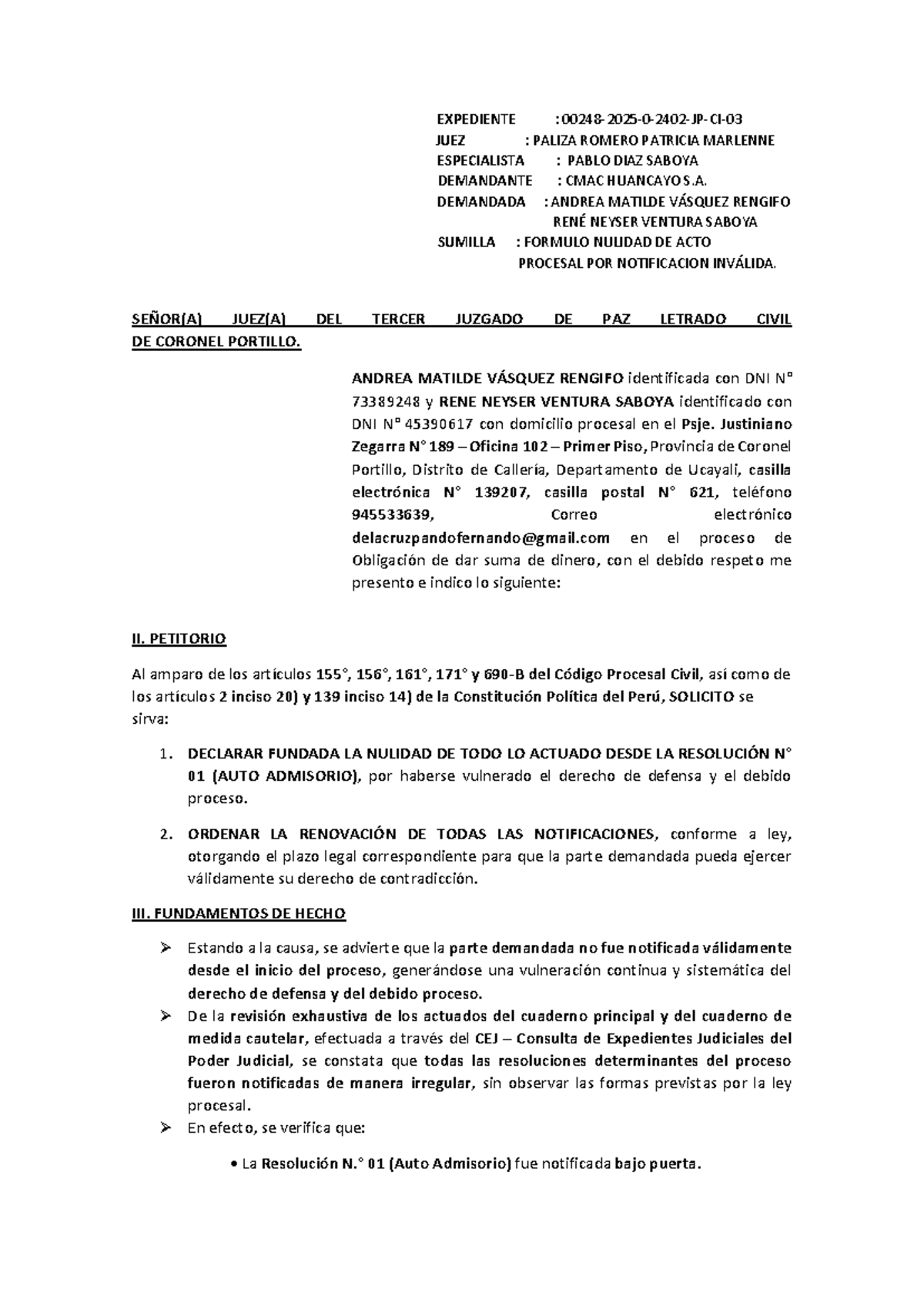 Solicitud de Nulidad por Notificación Inválida - Proceso Civil 2026 ...
