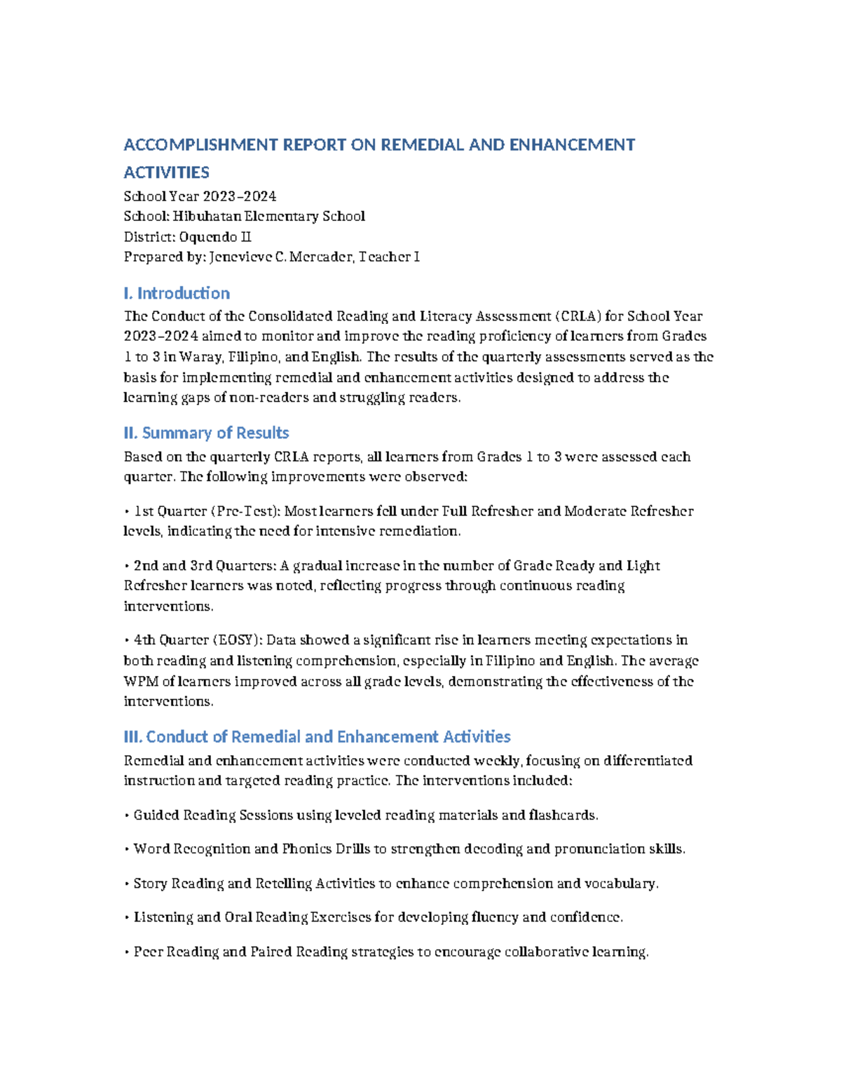 ACCOMPLISHMENT REPORT ON REMEDIAL ACTIVITIES SY2023-2024 - Studocu