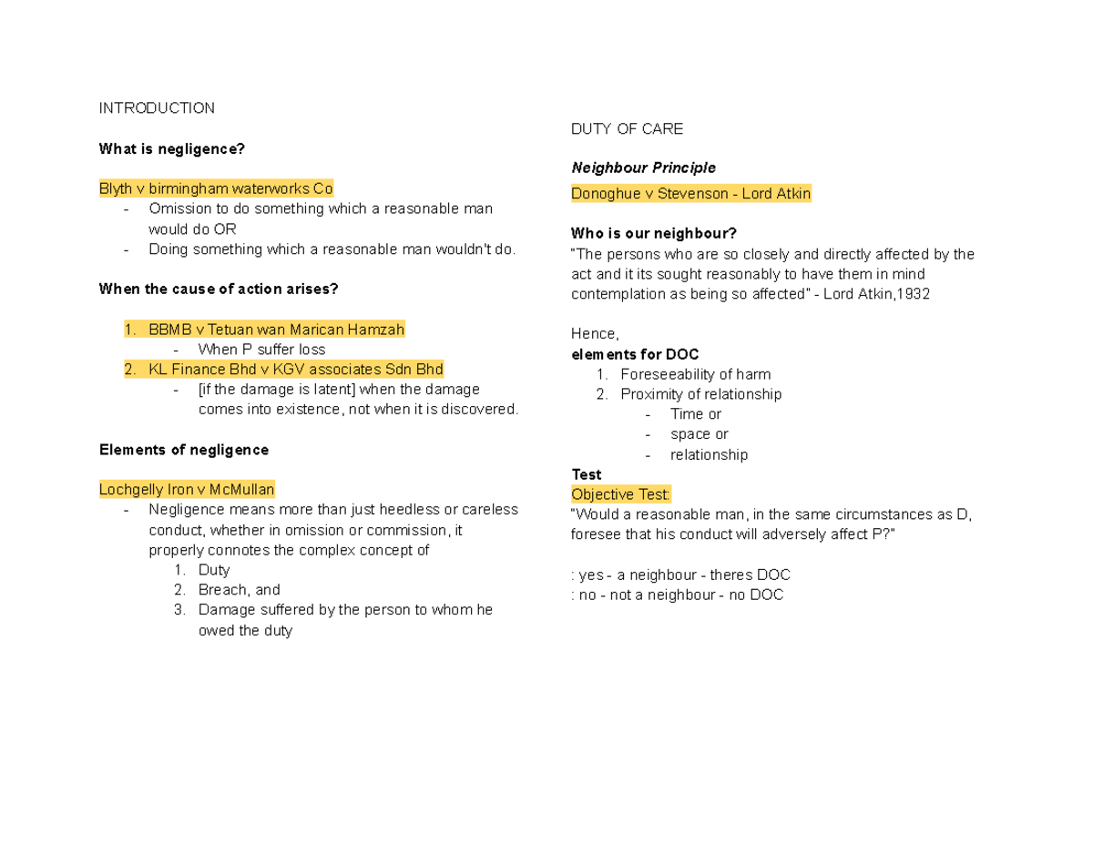 Torts II Lecture Notes: Understanding Negligence and Duty of Care - Studocu