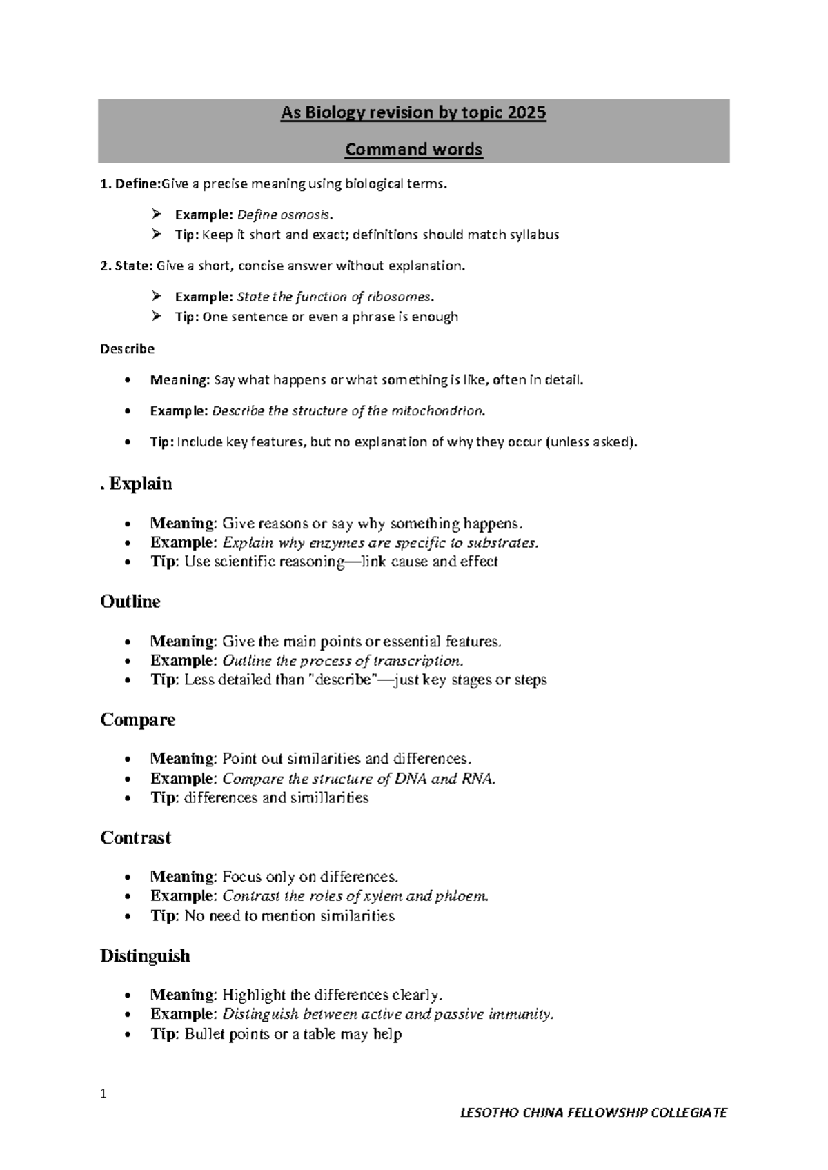 AS Biology Revision: Command Words & Key Concepts 2025 - Studocu