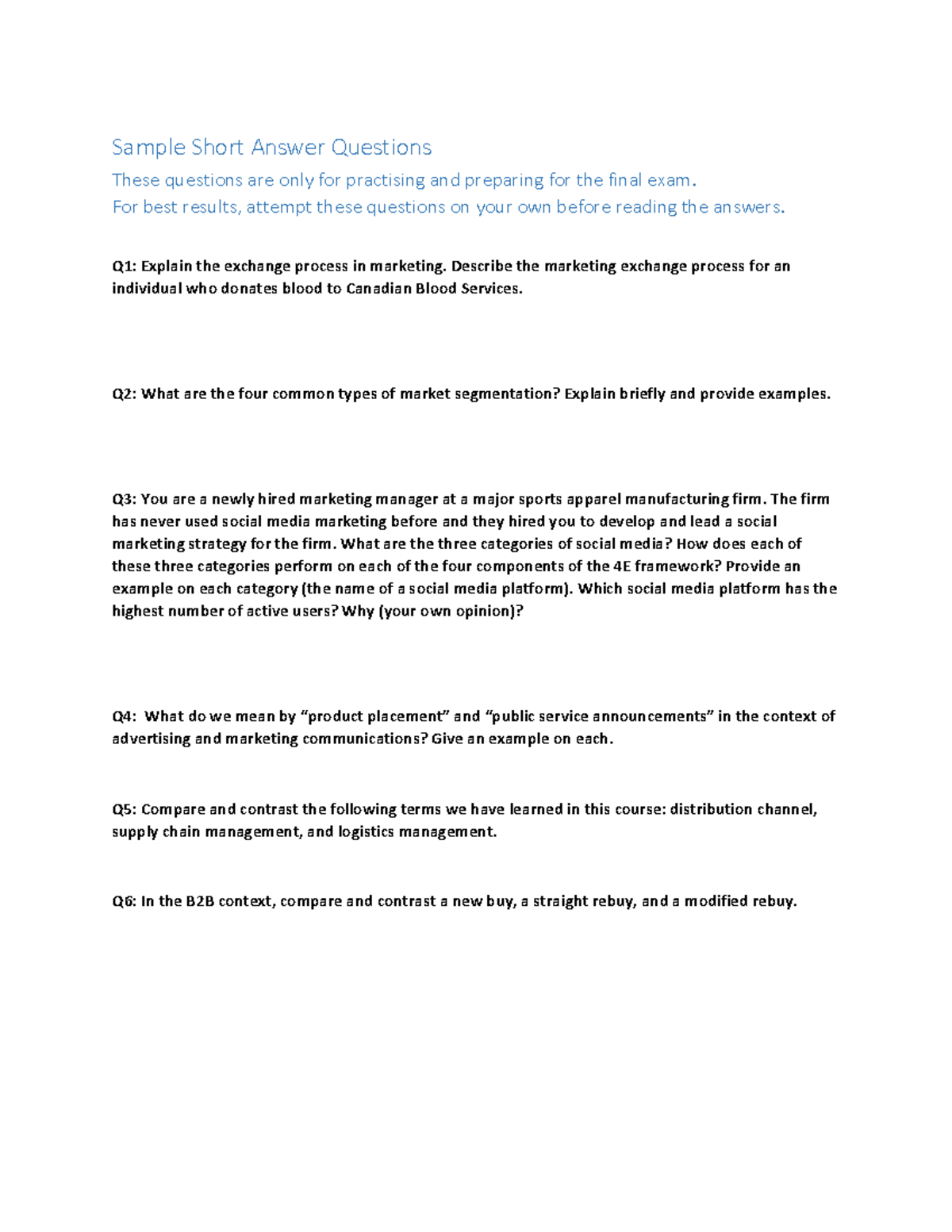 Sample Short Answer Questions for Final Exam - MKT 101 - Fall 2023 ...