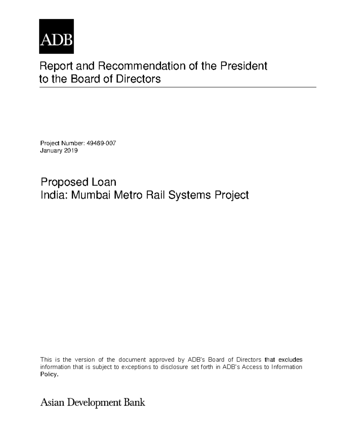ADB Report: Mumbai Metro Rail Systems Project - Loan Proposal Overview ...