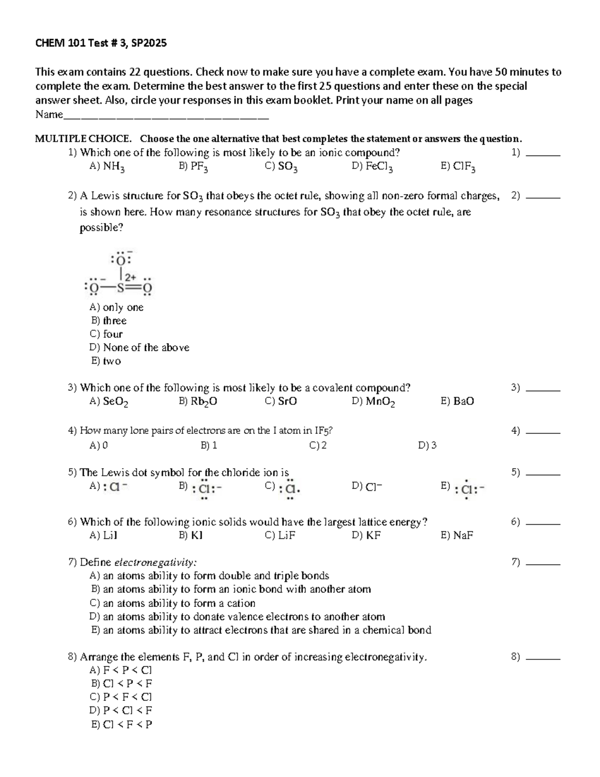 CHEM 101 Test 3 SP2025 Answer Key and Exam Review Guide - Studocu