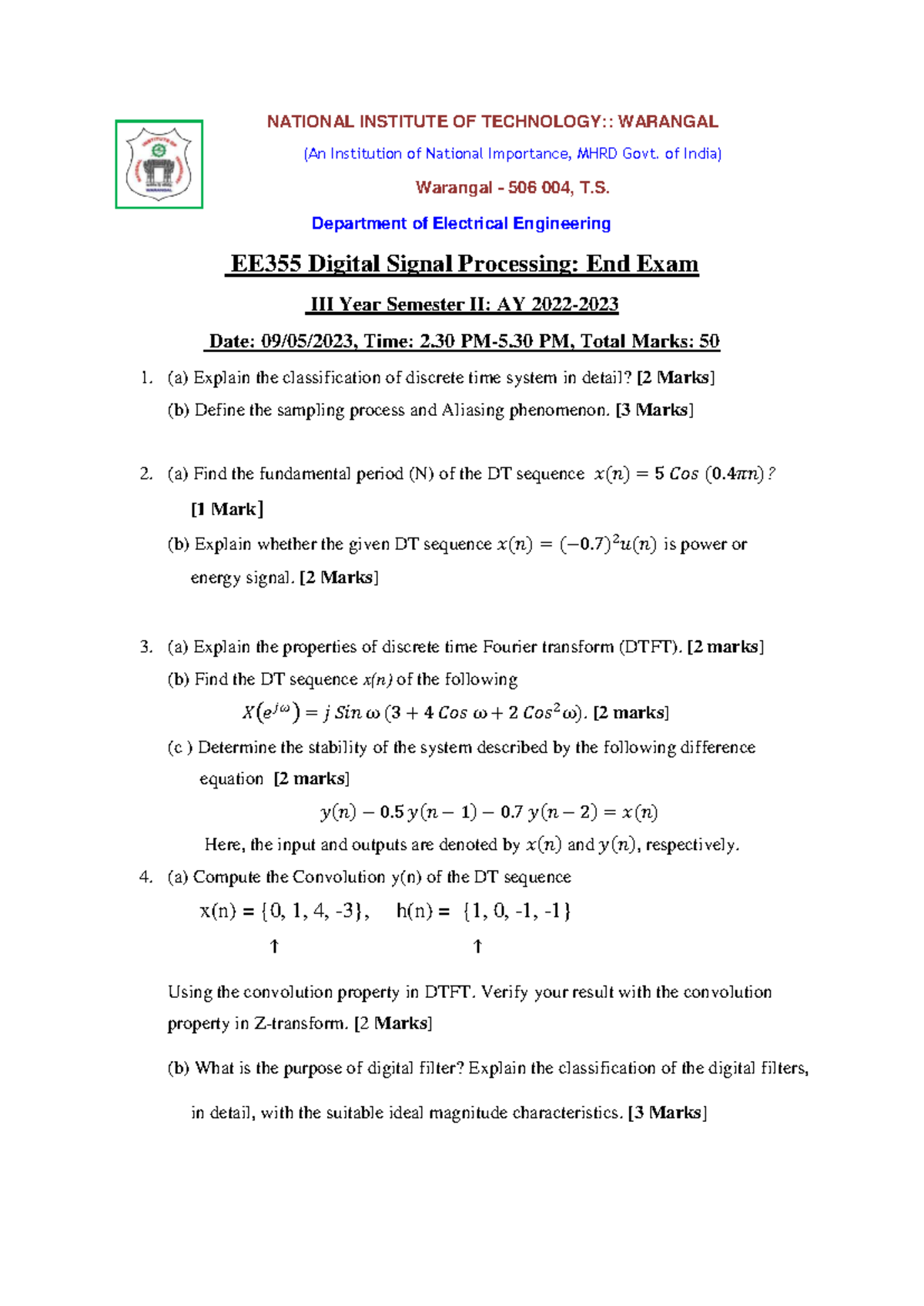 EE355 Digital Signal Processing: End Exam Guide 2023 - Studocu