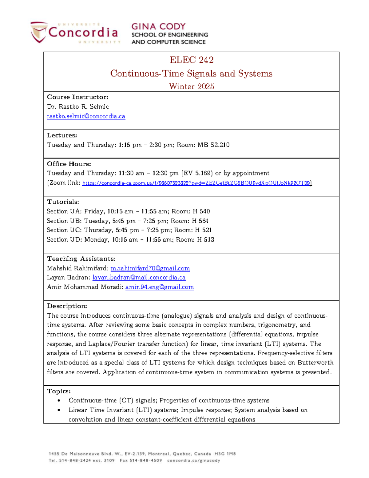 ELEC 242 Signals and Systems Course Outline Winter 2025 - Studocu