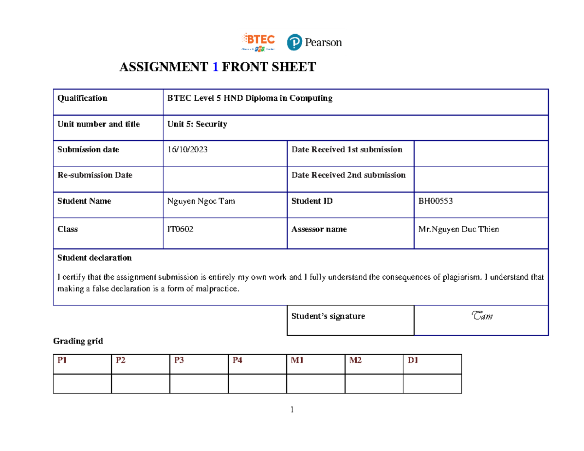 ASM1 1st Security Nguyen Ngoc Tam BH00553 - ASSIGNMENT 1 FRONT SHEET ...