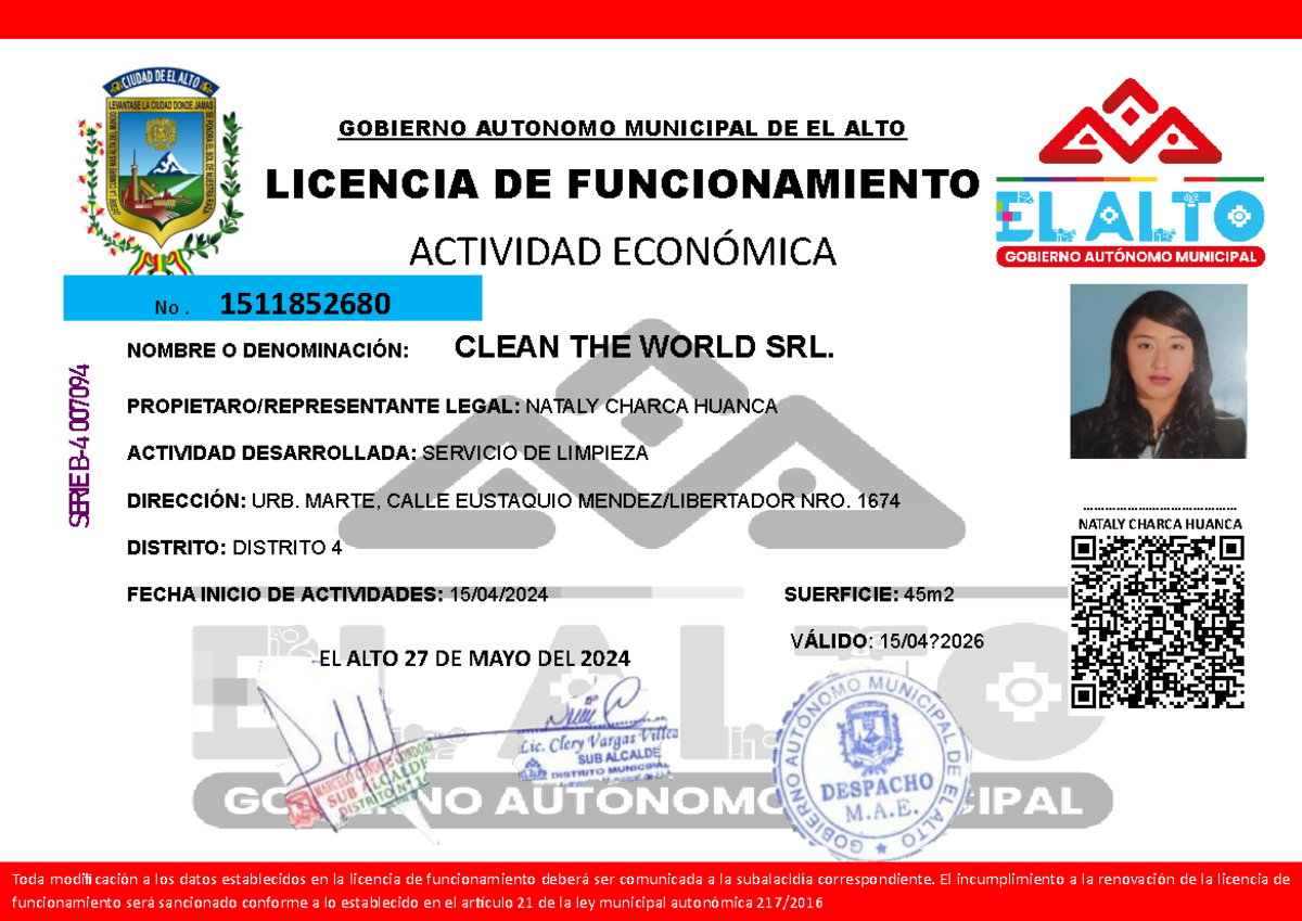 Licencia de Funcionamiento - Clean the World SRL - El Alto 2024 - Document Preview