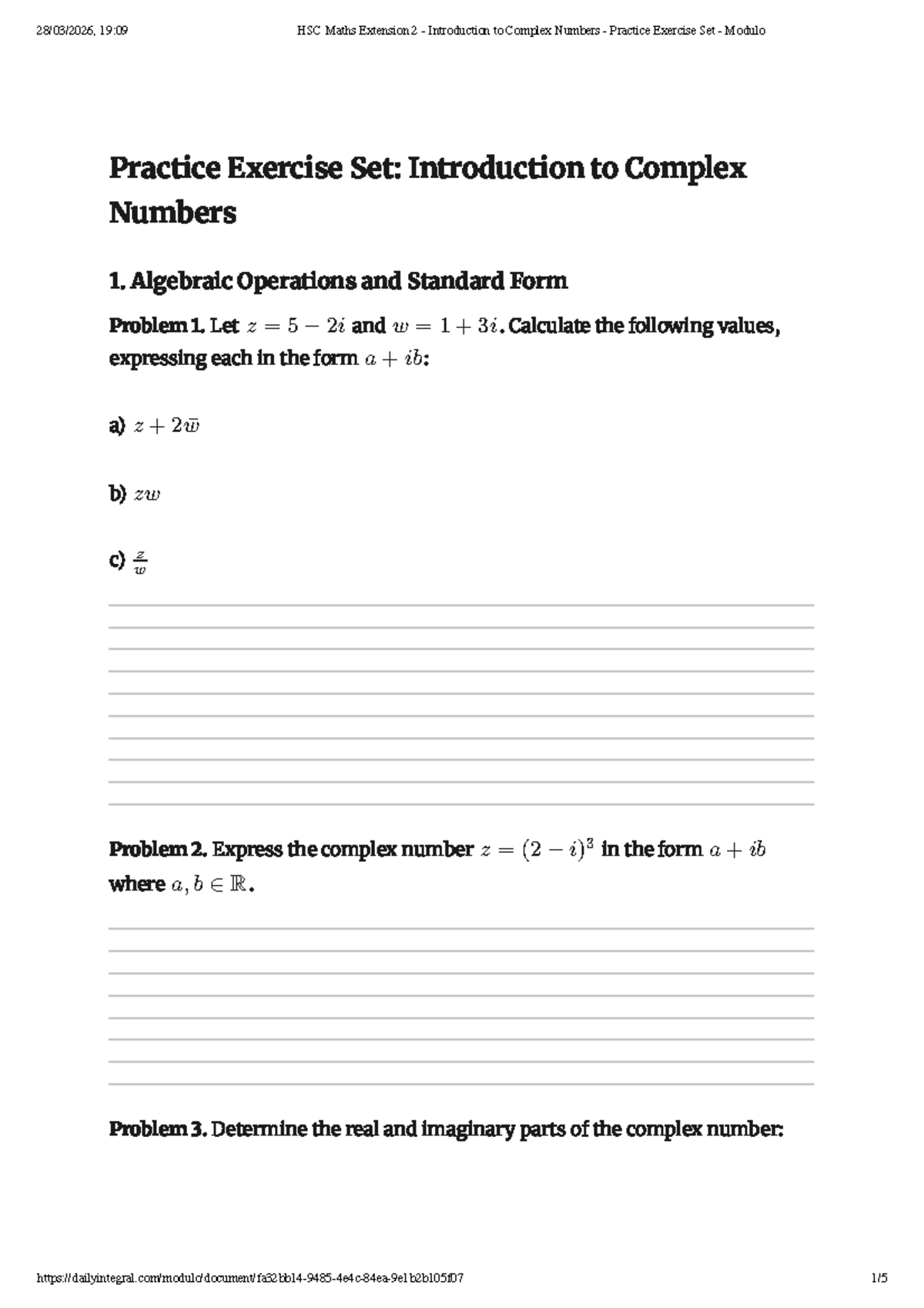 HSC Maths Extension 2: Complex Numbers Practice Exercise Set - Studocu