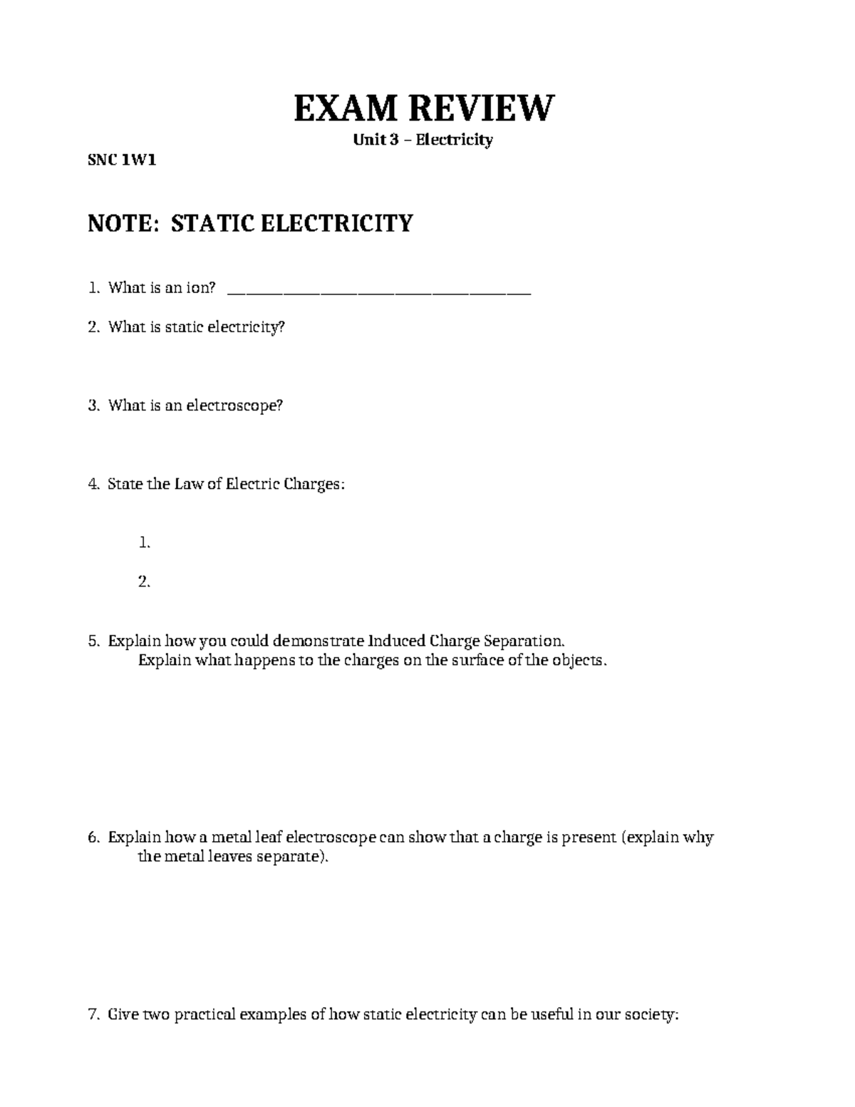 SNC 1W1 - Electricity Unit Exam Review Notes and Key Concepts - Studocu