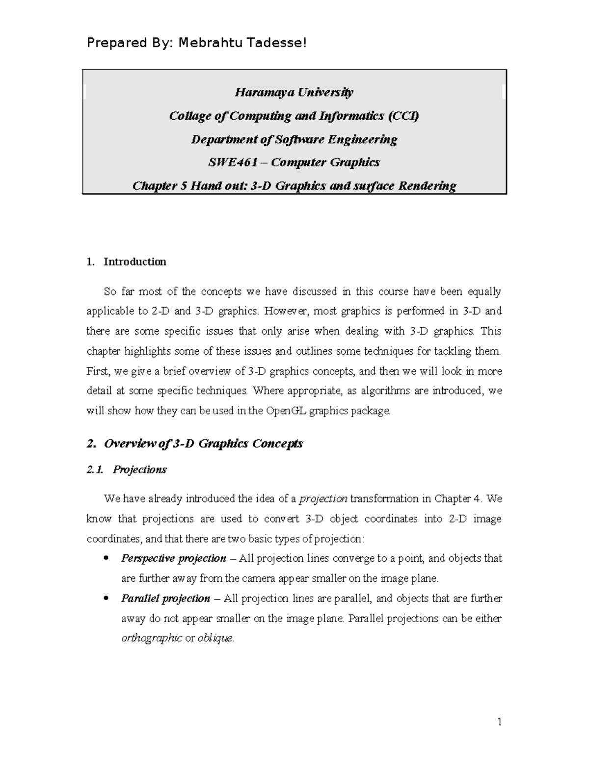 SWE461 Chapter 5 Handout: 3-D Graphics & Surface Rendering - Studocu