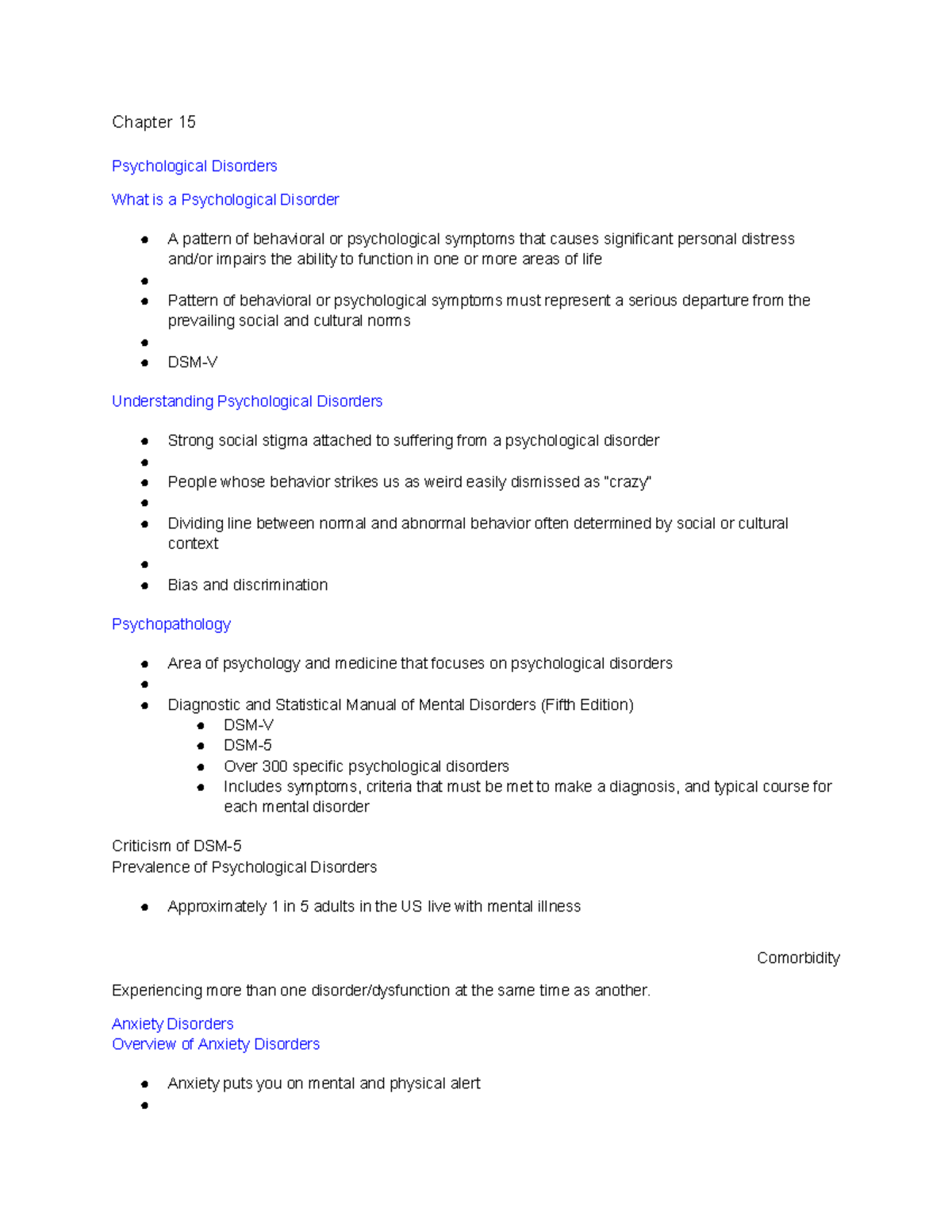 Chapter 15 - Psychological Disorders Overview and Notes - Studocu
